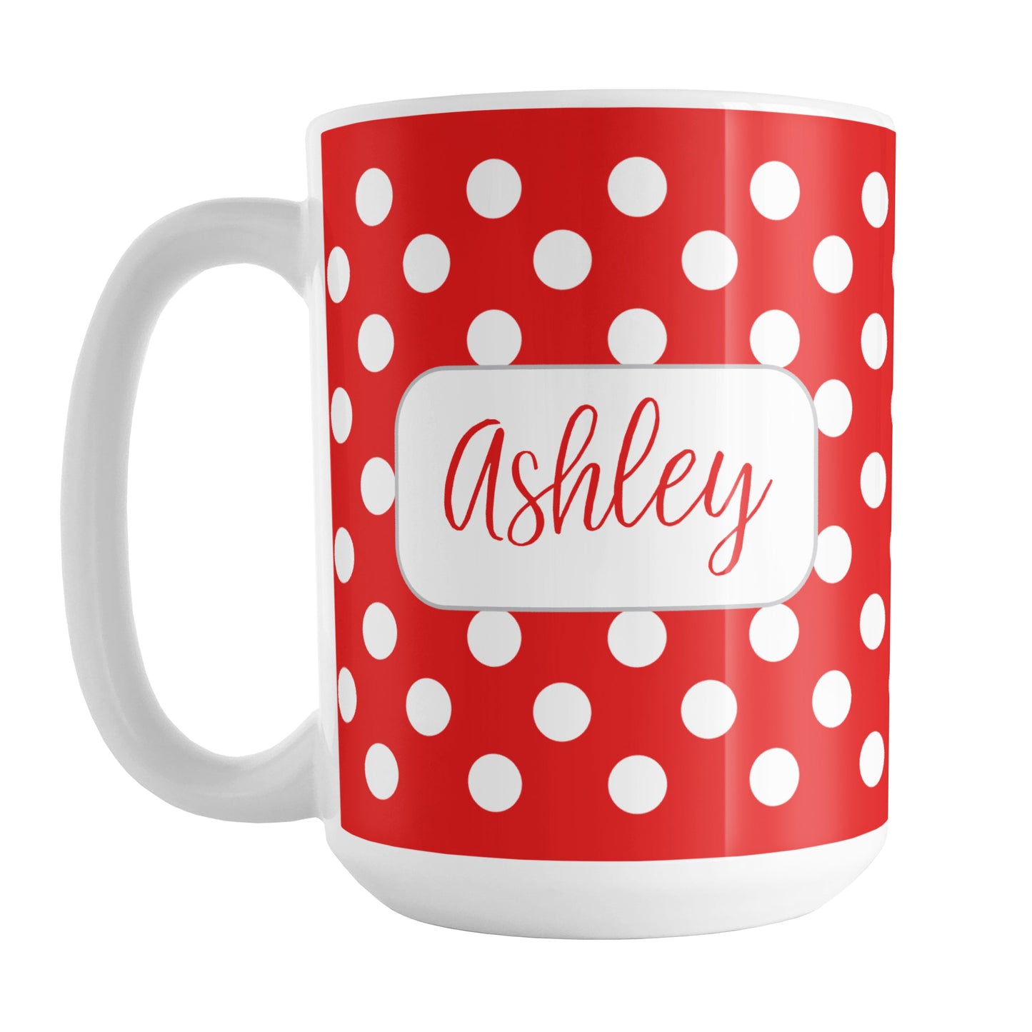 Personalized Red Polka Dot Mug (15oz) at Amy's Coffee Mugs. A ceramic coffee mug designed with a pattern of white polka dots over a red background color that wraps around the mug up to the handle. Your name is personalized in a cute red script font in a white frame design on both sides of the mug over the polka dot pattern.