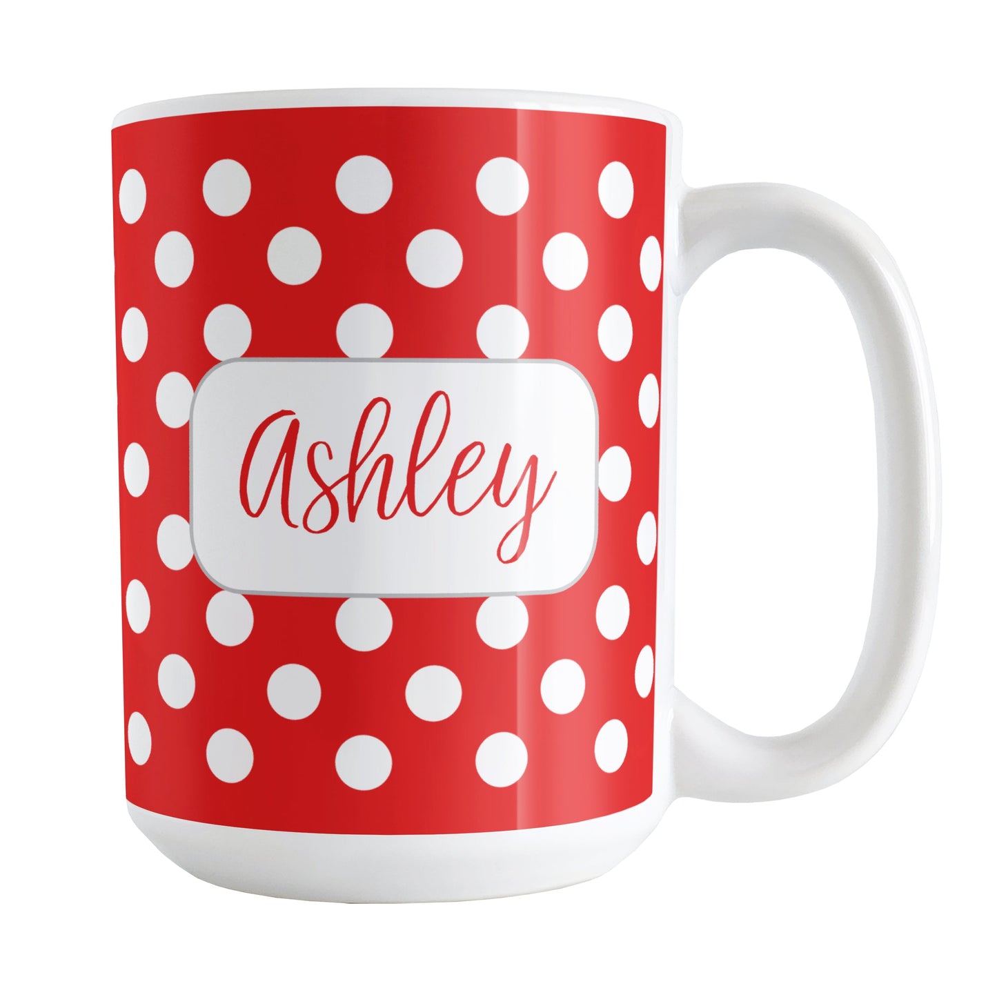 Personalized Red Polka Dot Mug (15oz) at Amy's Coffee Mugs. A ceramic coffee mug designed with a pattern of white polka dots over a red background color that wraps around the mug up to the handle. Your name is personalized in a cute red script font in a white frame design on both sides of the mug over the polka dot pattern.