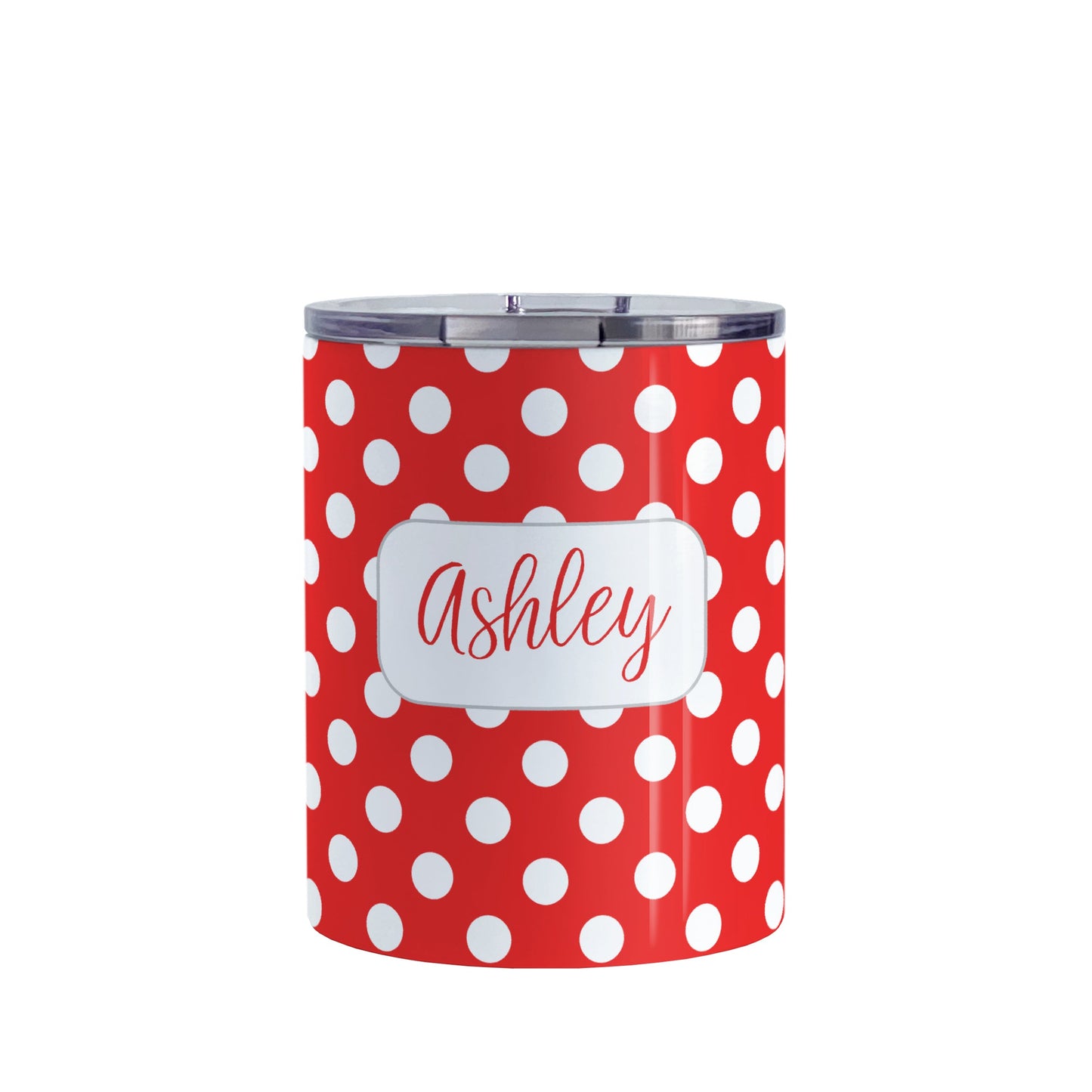 Personalized Red Polka Dot Tumbler Cup (10oz, stainless steel insulated) at Amy's Coffee Mugs. A tumbler cup designed with a pattern of white polka dots over a red background color that wraps around the cup. Your name is personalized in a cute red script font in a white frame design over the polka dot pattern.