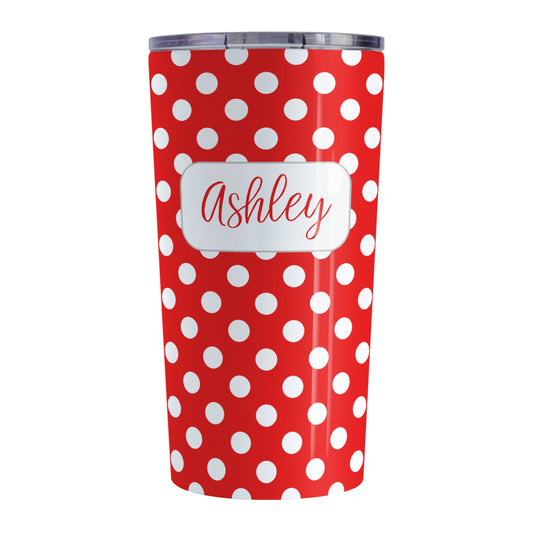 Personalized Red Polka Dot Tumbler Cup (20oz, stainless steel insulated) at Amy's Coffee Mugs. A tumbler cup designed with a pattern of white polka dots over a red background color that wraps around the cup. Your name is personalized in a cute red script font in a white frame design over the polka dot pattern.