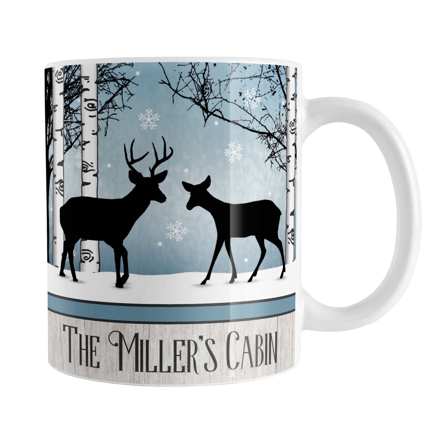 Personalized Rustic Blue Winter Deer Mug (11oz) at Amy's Coffee Mugs. A ceramic coffee mug designed with two deer silhouettes (a buck and doe) in a winter scene with white birch trees, snow, and a blue background color with white snowflakes that wraps around the mug up to the handle. Your name and/or text is personalized in dark gray below the deer over a light wood illustration displayed along the bottom of the design. The deer and the personalization are on both sides of the mug.