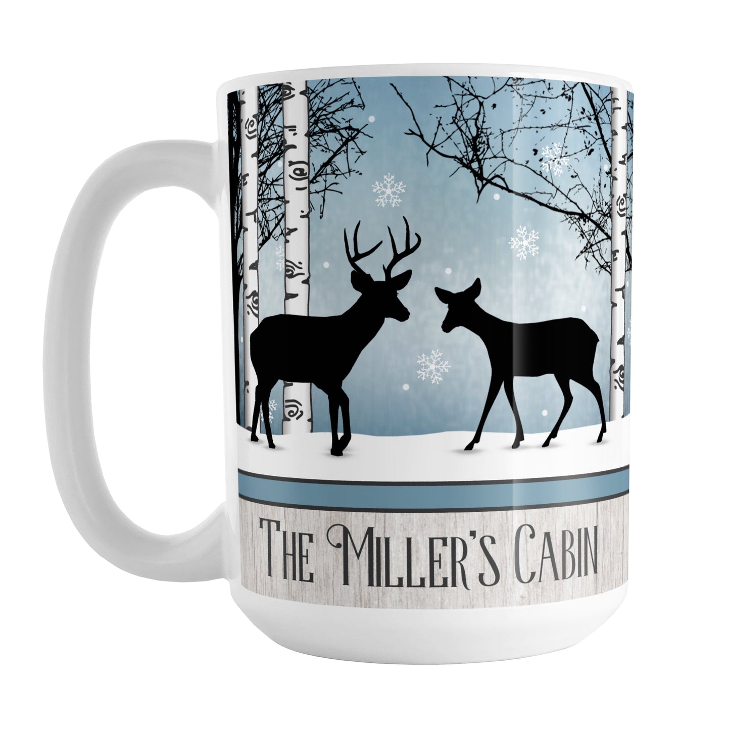 Personalized Rustic Blue Winter Deer Mug (15oz) at Amy's Coffee Mugs. A ceramic coffee mug designed with two deer silhouettes (a buck and doe) in a winter scene with white birch trees, snow, and a blue background color with white snowflakes that wraps around the mug up to the handle. Your name and/or text is personalized in dark gray below the deer over a light wood illustration displayed along the bottom of the design. The deer and the personalization are on both sides of the mug.