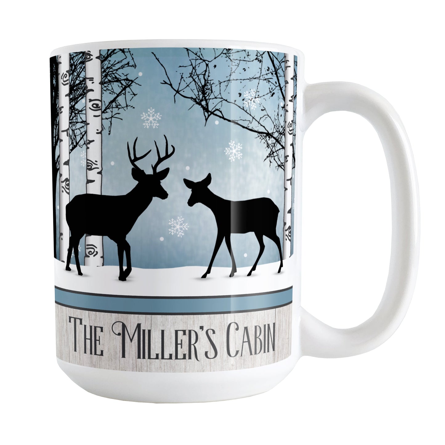 Personalized Rustic Blue Winter Deer Mug (15oz) at Amy's Coffee Mugs. A ceramic coffee mug designed with two deer silhouettes (a buck and doe) in a winter scene with white birch trees, snow, and a blue background color with white snowflakes that wraps around the mug up to the handle. Your name and/or text is personalized in dark gray below the deer over a light wood illustration displayed along the bottom of the design. The deer and the personalization are on both sides of the mug.