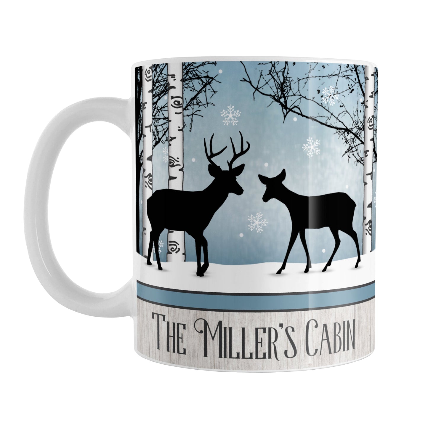 Personalized Rustic Blue Winter Deer Mug (11oz) at Amy's Coffee Mugs. A ceramic coffee mug designed with two deer silhouettes (a buck and doe) in a winter scene with white birch trees, snow, and a blue background color with white snowflakes that wraps around the mug up to the handle. Your name and/or text is personalized in dark gray below the deer over a light wood illustration displayed along the bottom of the design. The deer and the personalization are on both sides of the mug.
