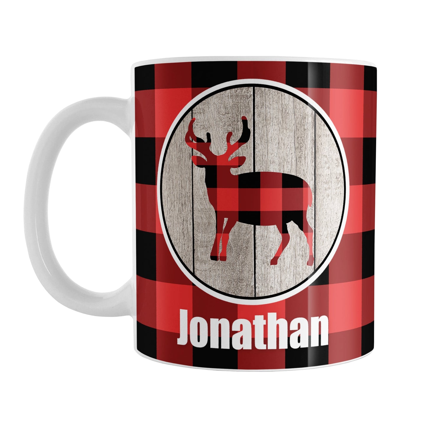 Personalized Rustic Red Buffalo Plaid Deer Mug (11oz) at Amy's Coffee Mugs. A ceramic coffee mug designed with a buffalo plaid deer on a rustic wood circle illustration on both sides of the mug over a red and black buffalo plaid pattern that wraps around the mug up to the handle. Your name is custom-printed in white below the deer design.