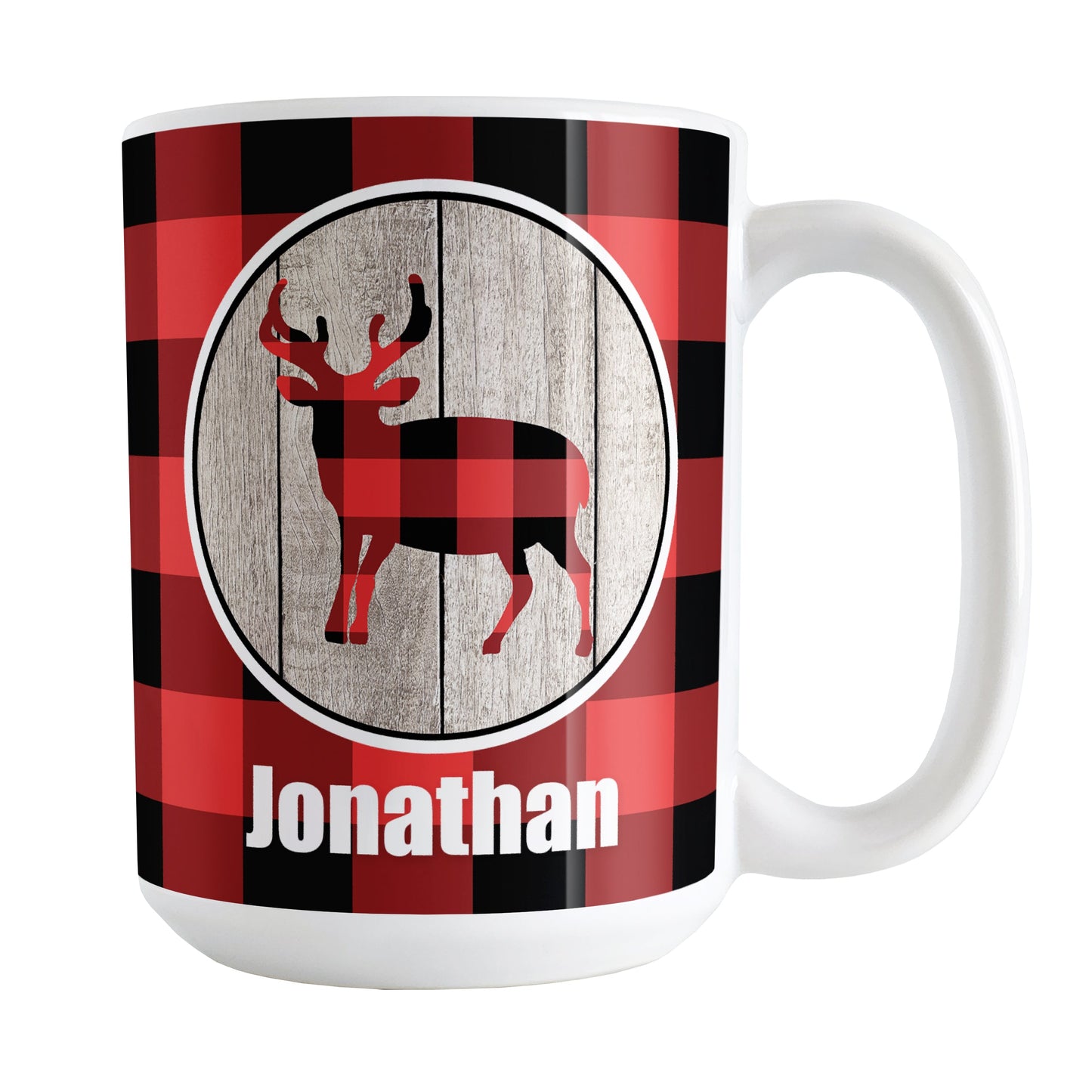 Personalized Rustic Red Buffalo Plaid Deer Mug (15oz) at Amy's Coffee Mugs. A ceramic coffee mug designed with a buffalo plaid deer on a rustic wood circle illustration on both sides of the mug over a red and black buffalo plaid pattern that wraps around the mug up to the handle. Your name is custom-printed in white below the deer design.