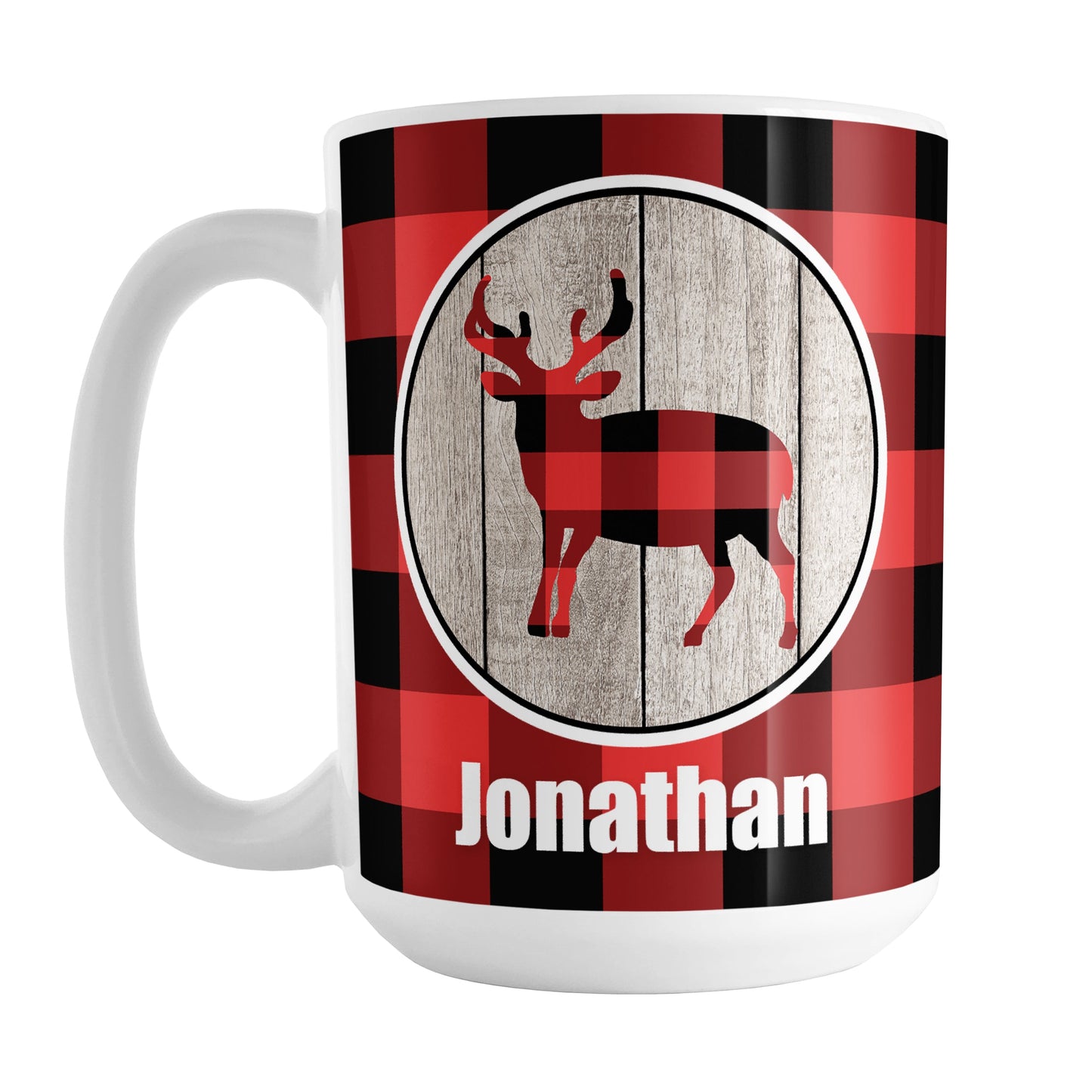 Personalized Rustic Red Buffalo Plaid Deer Mug (15oz) at Amy's Coffee Mugs. A ceramic coffee mug designed with a buffalo plaid deer on a rustic wood circle illustration on both sides of the mug over a red and black buffalo plaid pattern that wraps around the mug up to the handle. Your name is custom-printed in white below the deer design.