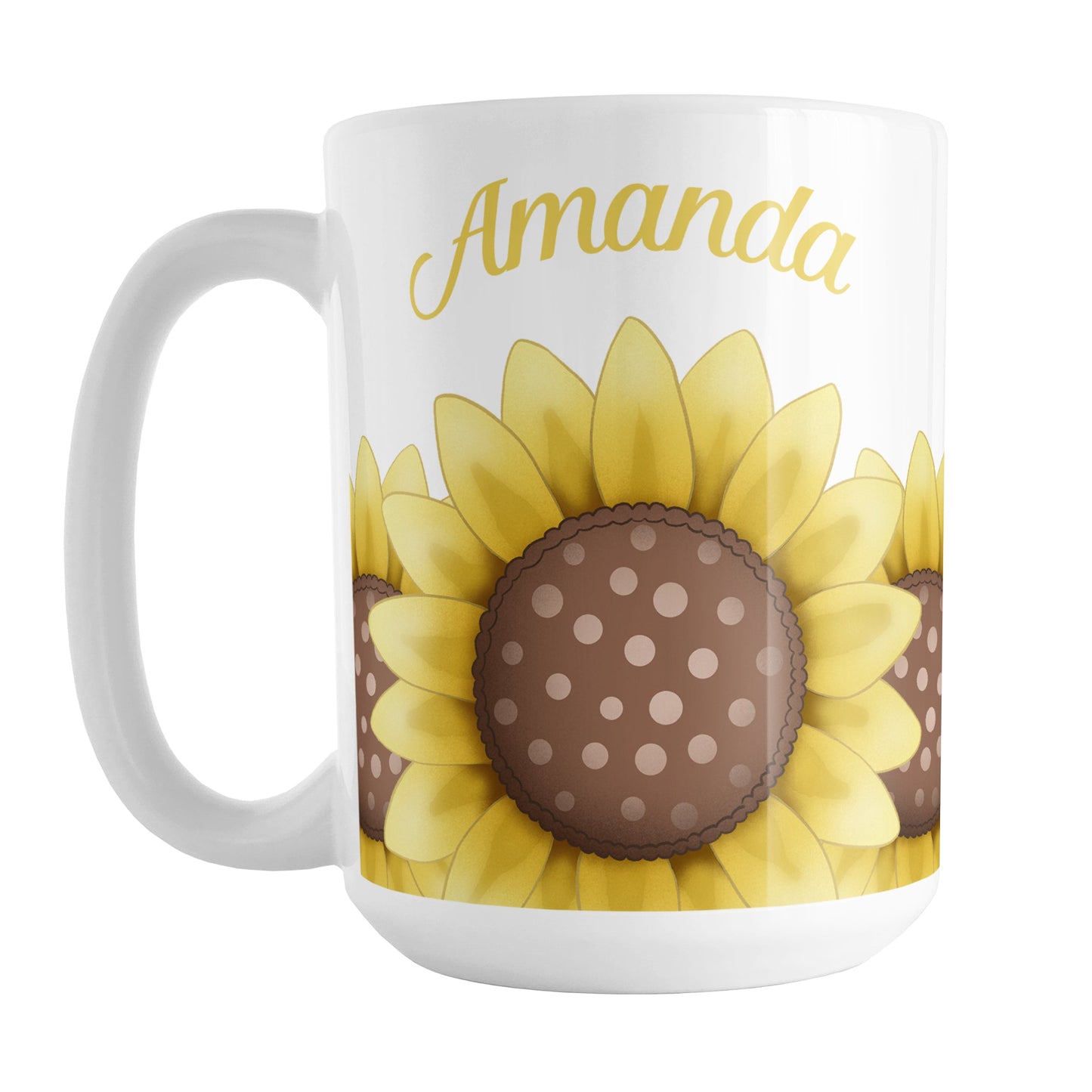 Personalized Sunflower Mug (15oz) at Amy's Coffee Mugs. A ceramic coffee mug designed with an illustration of big yellow sunflowers with a dotted brown centers along the bottom of this floral mug. Your personalized name is custom printed in a curved yellow script font above the sunflowers on both sides of the mug.