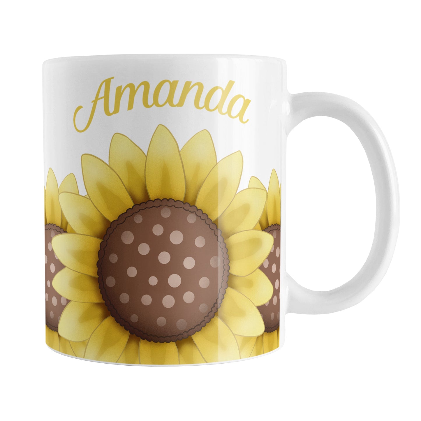 Personalized Sunflower Mug (11oz) at Amy's Coffee Mugs. A ceramic coffee mug designed with an illustration of big yellow sunflowers with a dotted brown centers along the bottom of this floral mug. Your personalized name is custom printed in a curved yellow script font above the sunflowers on both sides of the mug.
