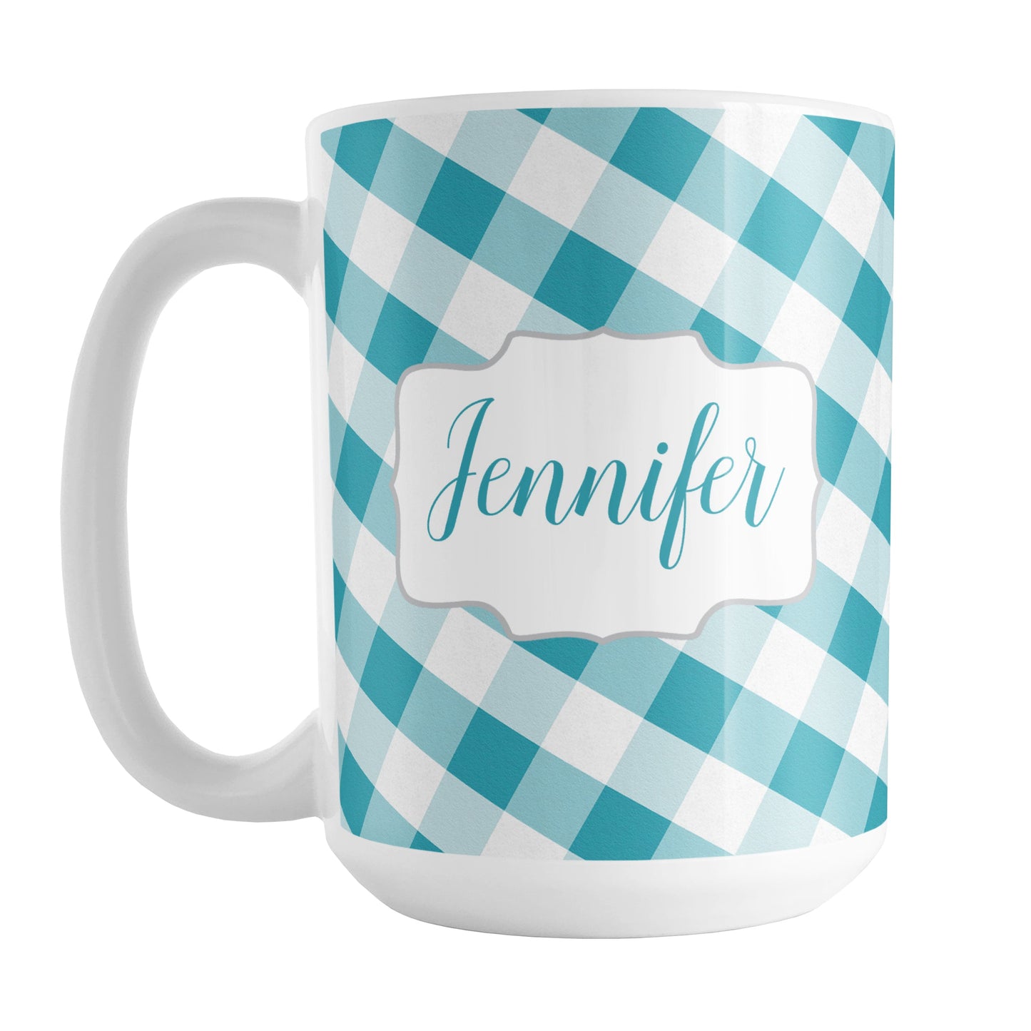 Personalized Turquoise Gingham Mug (15oz) at Amy's Coffee Mugs. A ceramic coffee mug designed with a slanted turquoise and white gingham pattern that wraps around the mug up to the handle. Your personalized name is custom-printed in a turquoise script font on both sides of the mug over the gingham pattern.