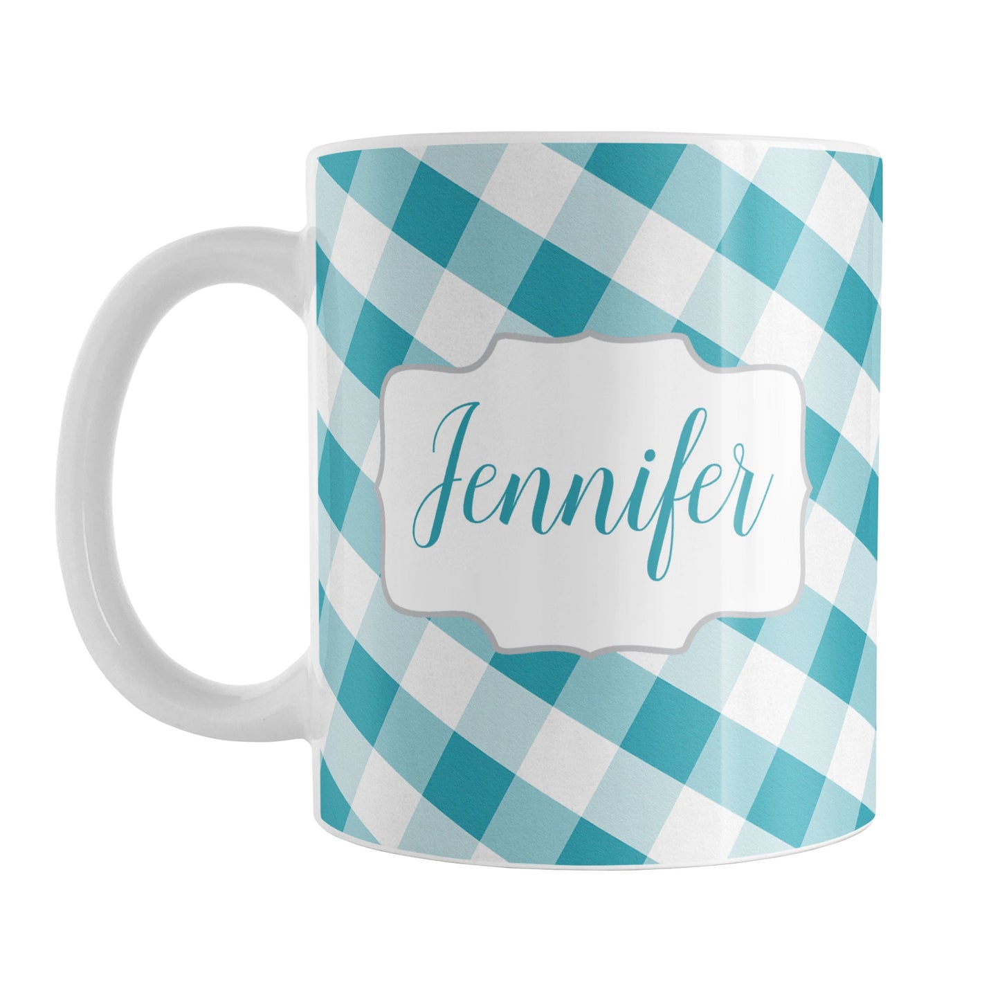 Personalized Turquoise Gingham Mug (11oz) at Amy's Coffee Mugs. A ceramic coffee mug designed with a slanted turquoise and white gingham pattern that wraps around the mug up to the handle. Your personalized name is custom-printed in a turquoise script font on both sides of the mug over the gingham pattern.