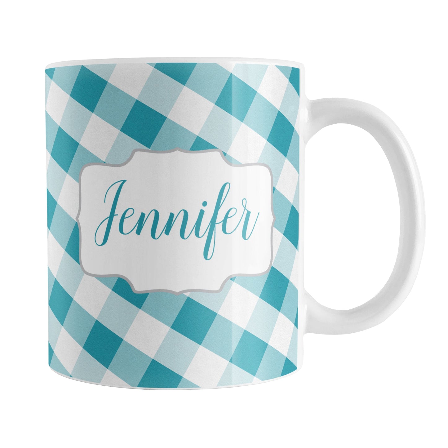Personalized Turquoise Gingham Mug (11oz) at Amy's Coffee Mugs. A ceramic coffee mug designed with a slanted turquoise and white gingham pattern that wraps around the mug up to the handle. Your personalized name is custom-printed in a turquoise script font on both sides of the mug over the gingham pattern.