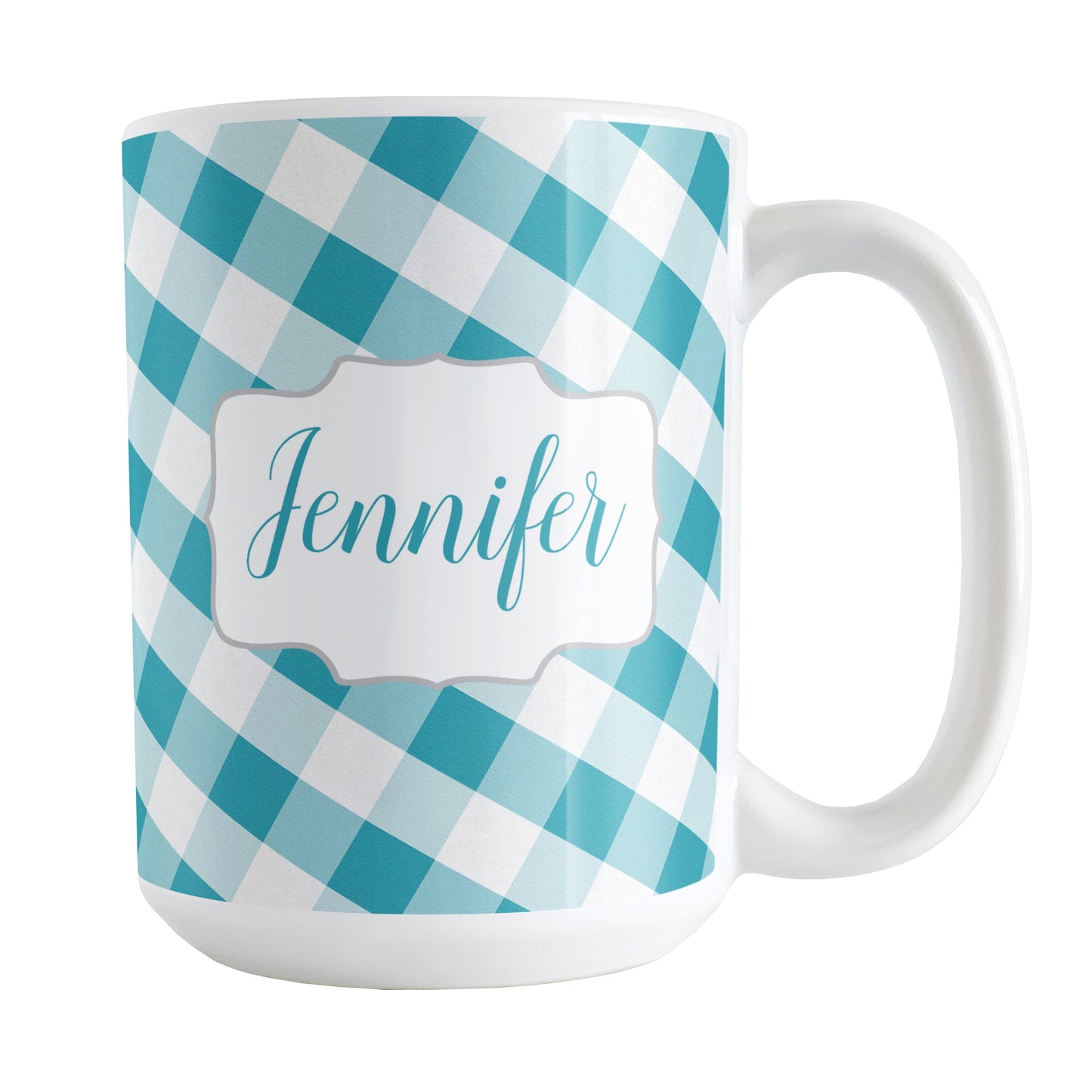 Personalized Turquoise Gingham Mug (15oz) at Amy's Coffee Mugs. A ceramic coffee mug designed with a slanted turquoise and white gingham pattern that wraps around the mug up to the handle. Your personalized name is custom-printed in a turquoise script font on both sides of the mug over the gingham pattern.