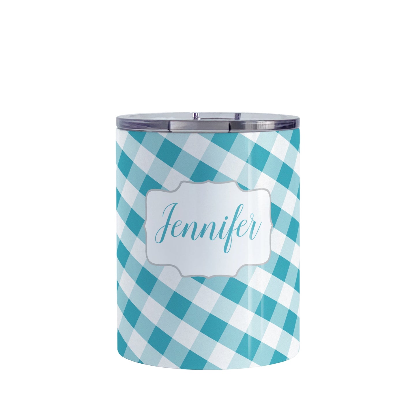 Personalized Turquoise Gingham Tumbler Cup (10oz, stainless steel insulated) at Amy's Coffee Mugs. A tumbler cup designed with a slanted turquoise and white gingham pattern that wraps around the cup. Your personalized name is custom-printed in a turquoise script font in a white frame design over the gingham pattern.