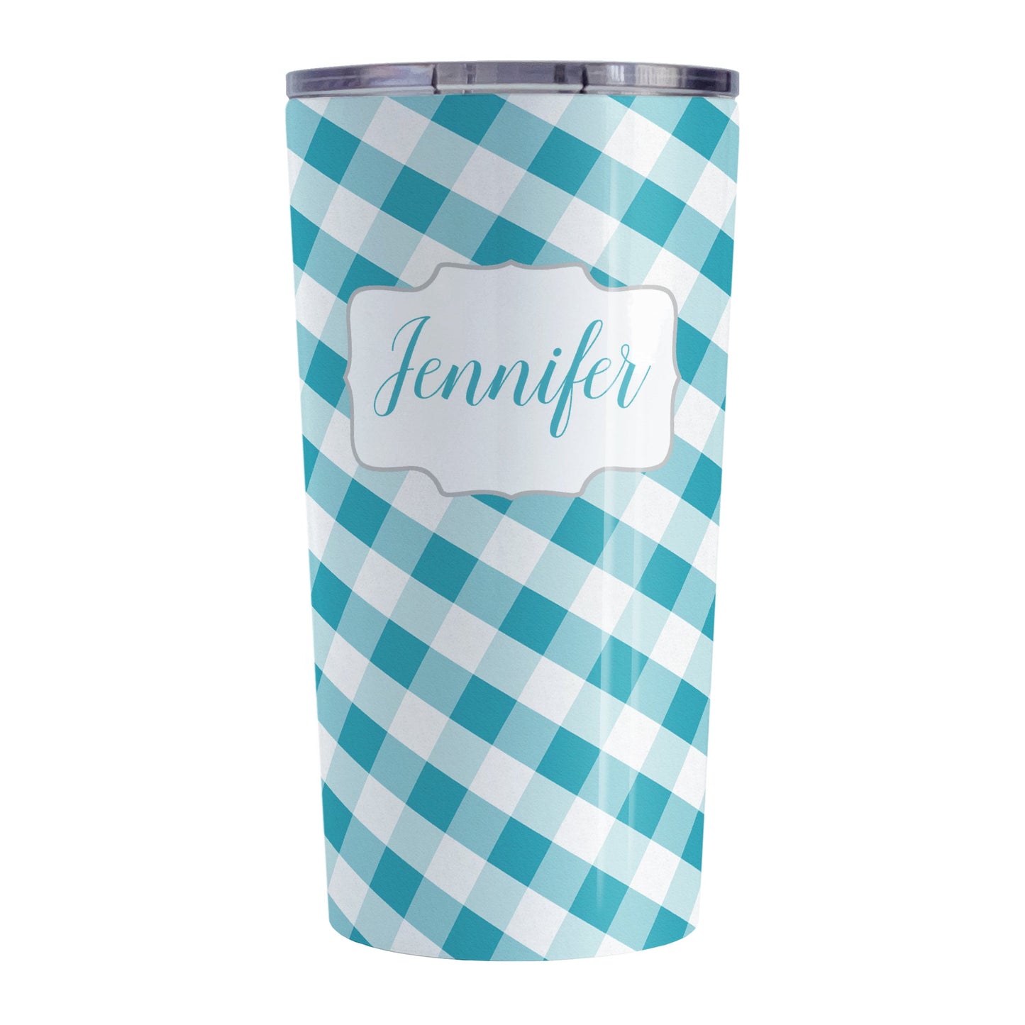 Personalized Turquoise Gingham Tumbler Cup (20oz, stainless steel insulated) at Amy's Coffee Mugs. A tumbler cup designed with a slanted turquoise and white gingham pattern that wraps around the cup. Your personalized name is custom-printed in a turquoise script font in a white frame design over the gingham pattern.