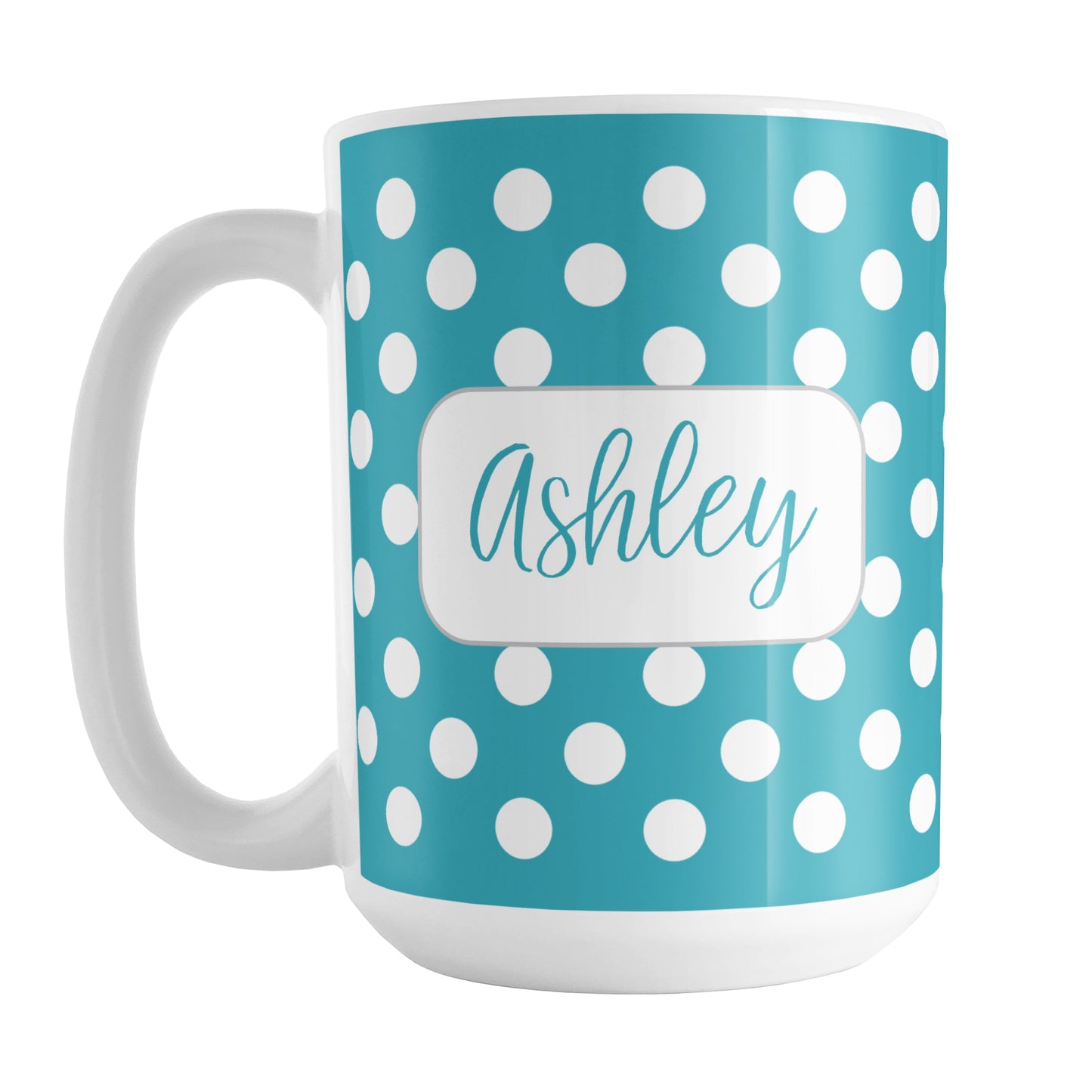 Personalized Turquoise Polka Dot Mug (15oz) at Amy's Coffee Mugs. A ceramic coffee mug designed with a pattern of white polka dots over a turquoise background color that wraps around the mug up to the handle. Your name is personalized in a cute turquoise script font in a white frame design on both sides of the mug over the polka dot pattern.