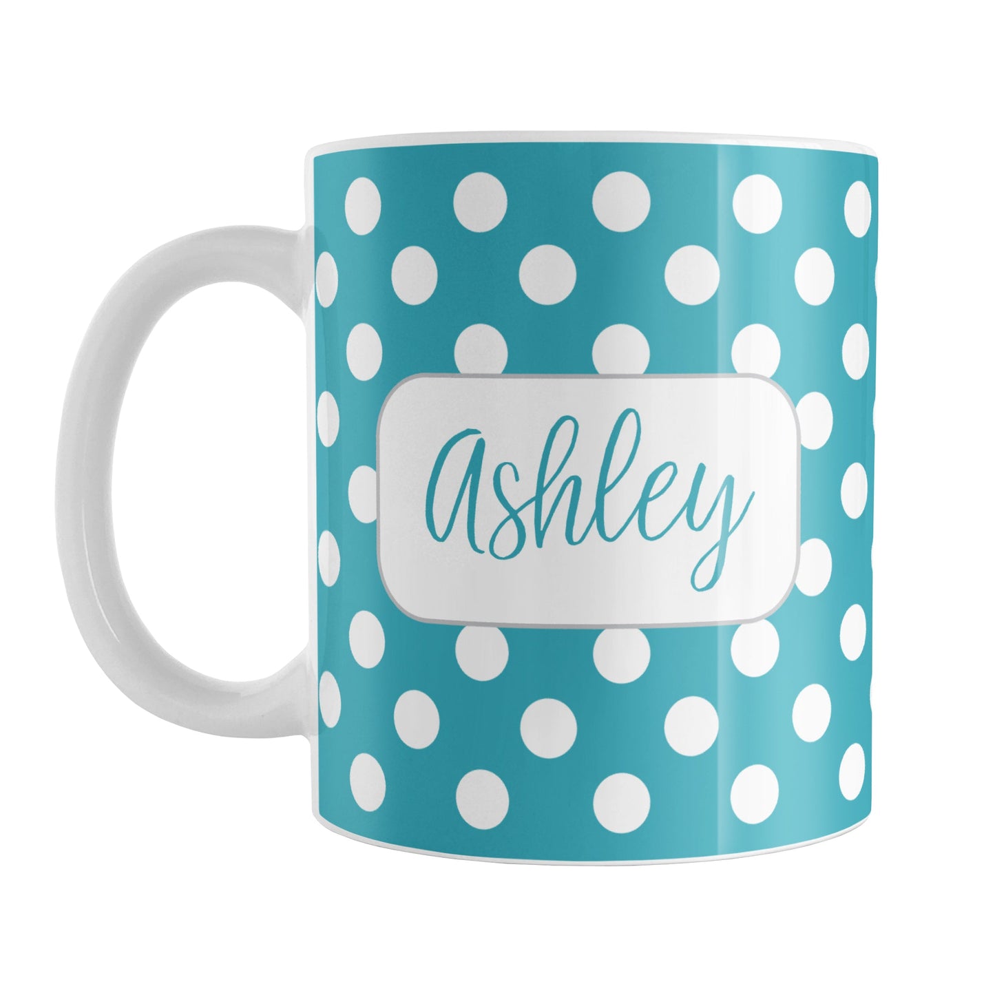 Personalized Turquoise Polka Dot Mug (11oz) at Amy's Coffee Mugs. A ceramic coffee mug designed with a pattern of white polka dots over a turquoise background color that wraps around the mug up to the handle. Your name is personalized in a cute turquoise script font in a white frame design on both sides of the mug over the polka dot pattern.