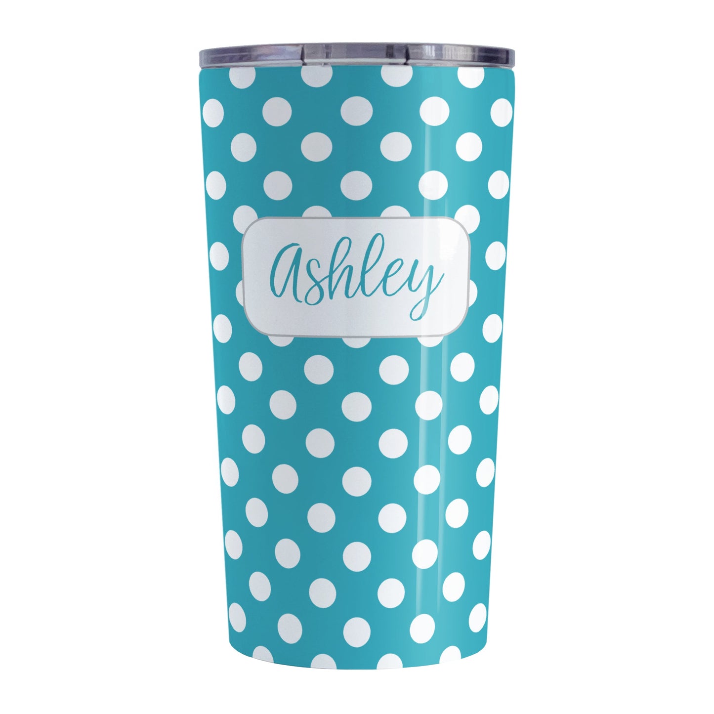 Personalized Turquoise Polka Dot Tumbler Cup (20oz, stainless steel insulated) at Amy's Coffee Mugs. A tumbler cup designed with a pattern of white polka dots over a turquoise background color that wraps around the cup. Your name is personalized in a cute turquoise script font in a white frame design over the polka dot pattern.