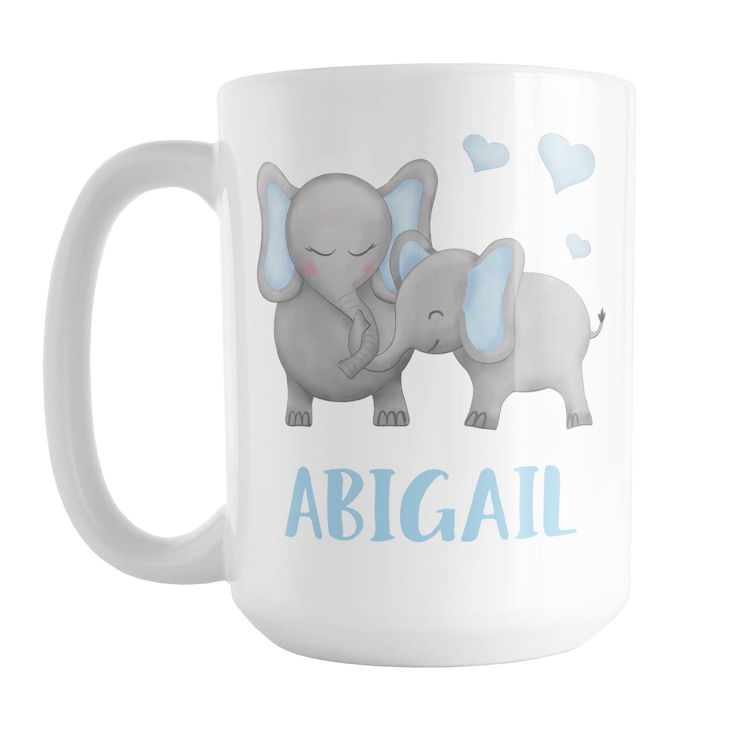 Personalized Watercolor Blue Mommy and Baby Elephants Mug (15oz) at Amy's Coffee Mugs