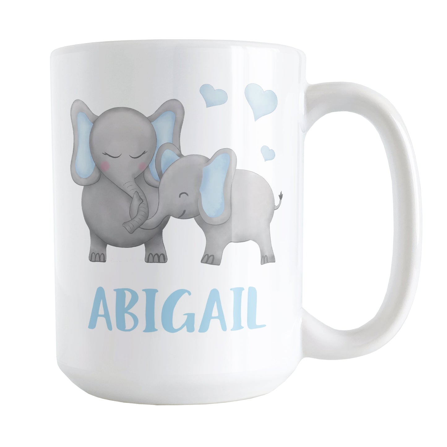 Personalized Watercolor Blue Mommy and Baby Elephants Mug (15oz) at Amy's Coffee Mugs