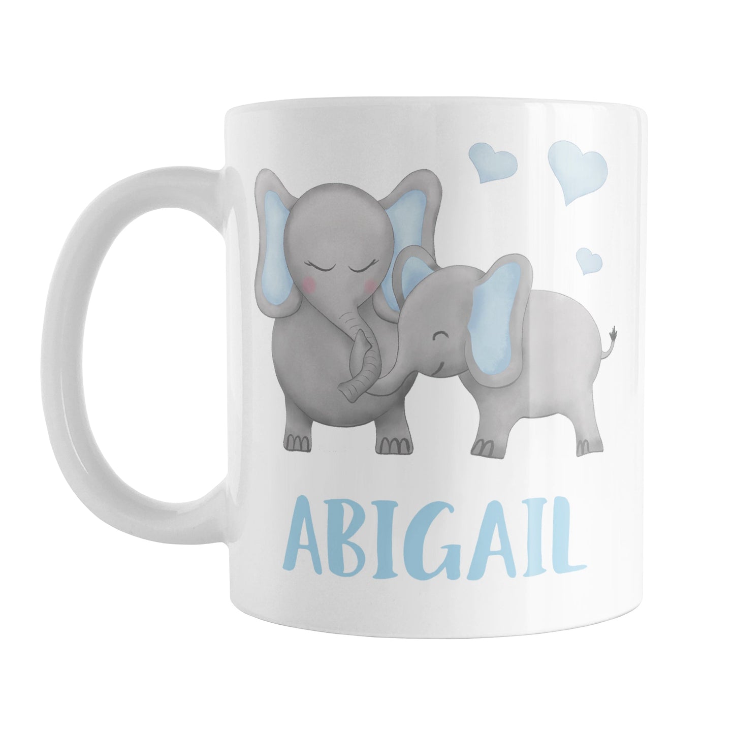Personalized Watercolor Blue Mommy and Baby Elephants Mug (11oz) at Amy's Coffee Mugs. A ceramic coffee mug designed with affectionate blue and gray mommy and baby elephants illustrated in a watercolor design with blue hearts above them on both sides of the mug. Your personalized name is custom-printed in a cute uppercase-letters font in blue below these adorable elephants.