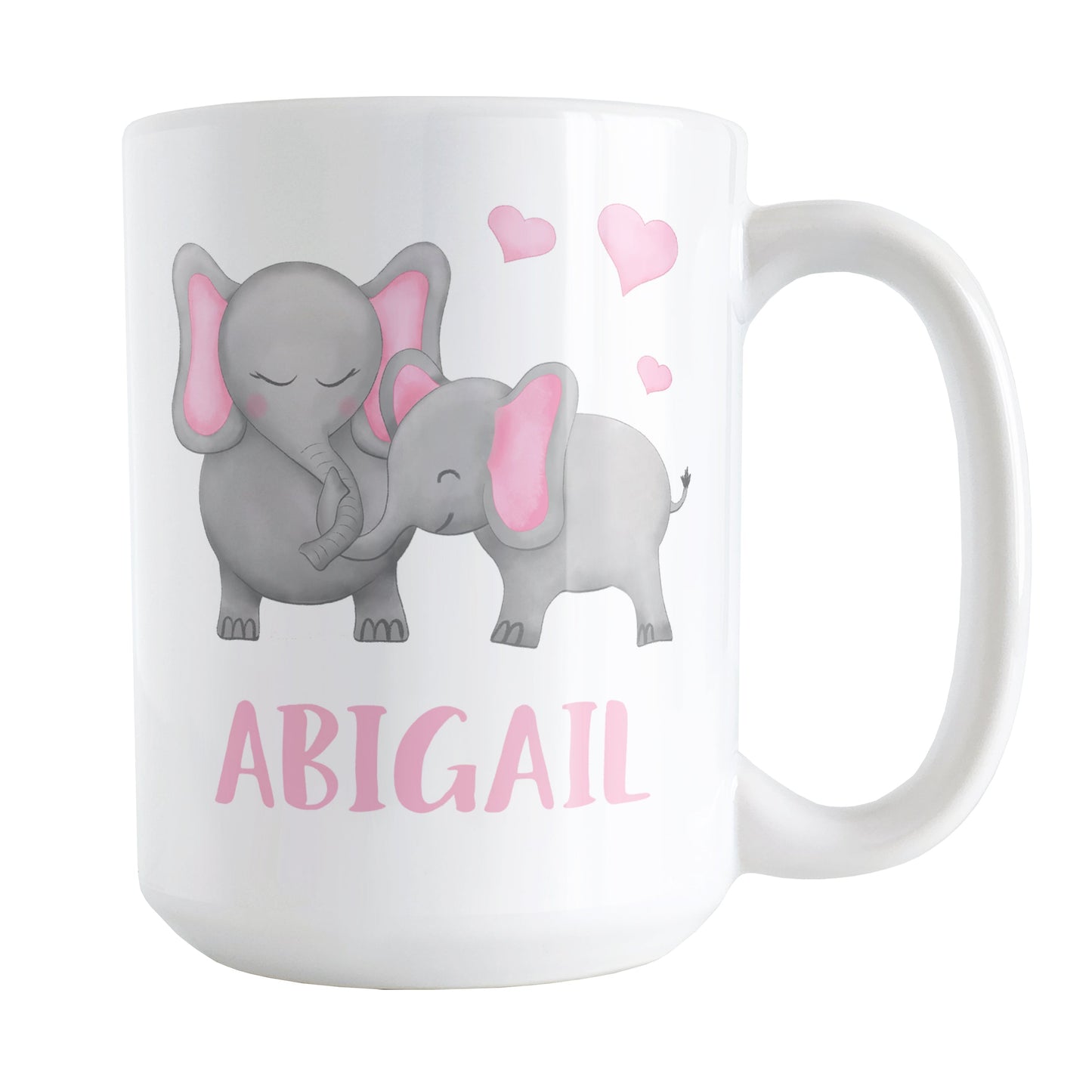 Personalized Watercolor Pink Mommy and Baby Elephants Mug (15oz) at Amy's Coffee Mugs. A ceramic coffee mug designed with affectionate pink and gray mommy and baby elephants illustrated in a watercolor design with pink hearts above them on both sides of the mug. Your personalized name is custom-printed in a cute uppercase-letters font in pink below these adorable elephants.