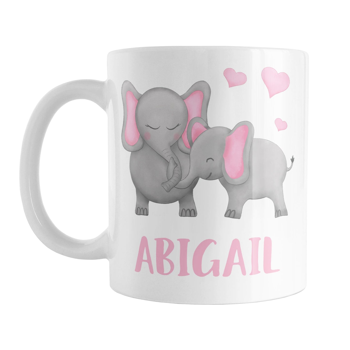 Personalized Watercolor Pink Mommy and Baby Elephants Mug (11oz) at Amy's Coffee Mugs. A ceramic coffee mug designed with affectionate pink and gray mommy and baby elephants illustrated in a watercolor design with pink hearts above them on both sides of the mug. Your personalized name is custom-printed in a cute uppercase-letters font in pink below these adorable elephants.