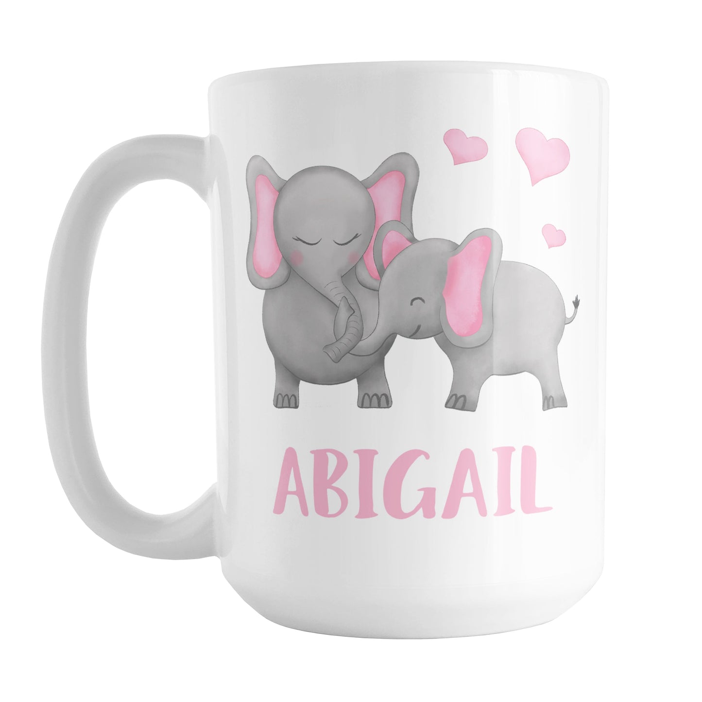 Personalized Watercolor Pink Mommy and Baby Elephants Mug (15oz) at Amy's Coffee Mugs. A ceramic coffee mug designed with affectionate pink and gray mommy and baby elephants illustrated in a watercolor design with pink hearts above them on both sides of the mug. Your personalized name is custom-printed in a cute uppercase-letters font in pink below these adorable elephants.