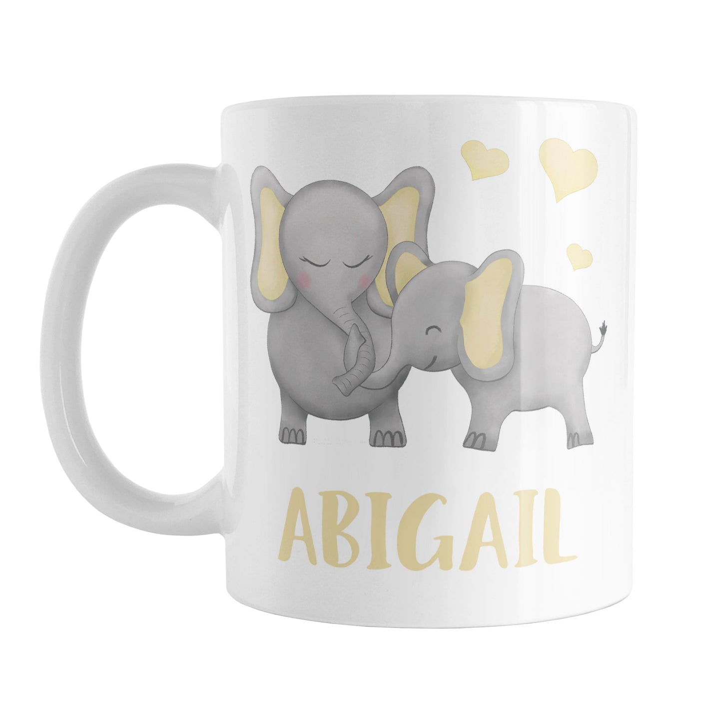 Personalized Watercolor Yellow Mommy and Baby Elephants Mug (11oz) at Amy's Coffee Mugs. A ceramic coffee mug designed with affectionate yellow and gray mommy and baby elephants illustrated in a watercolor design with yellow hearts above them on both sides of the mug. Your personalized name is custom-printed in a cute uppercase-letters font in yellow below these adorable elephants.