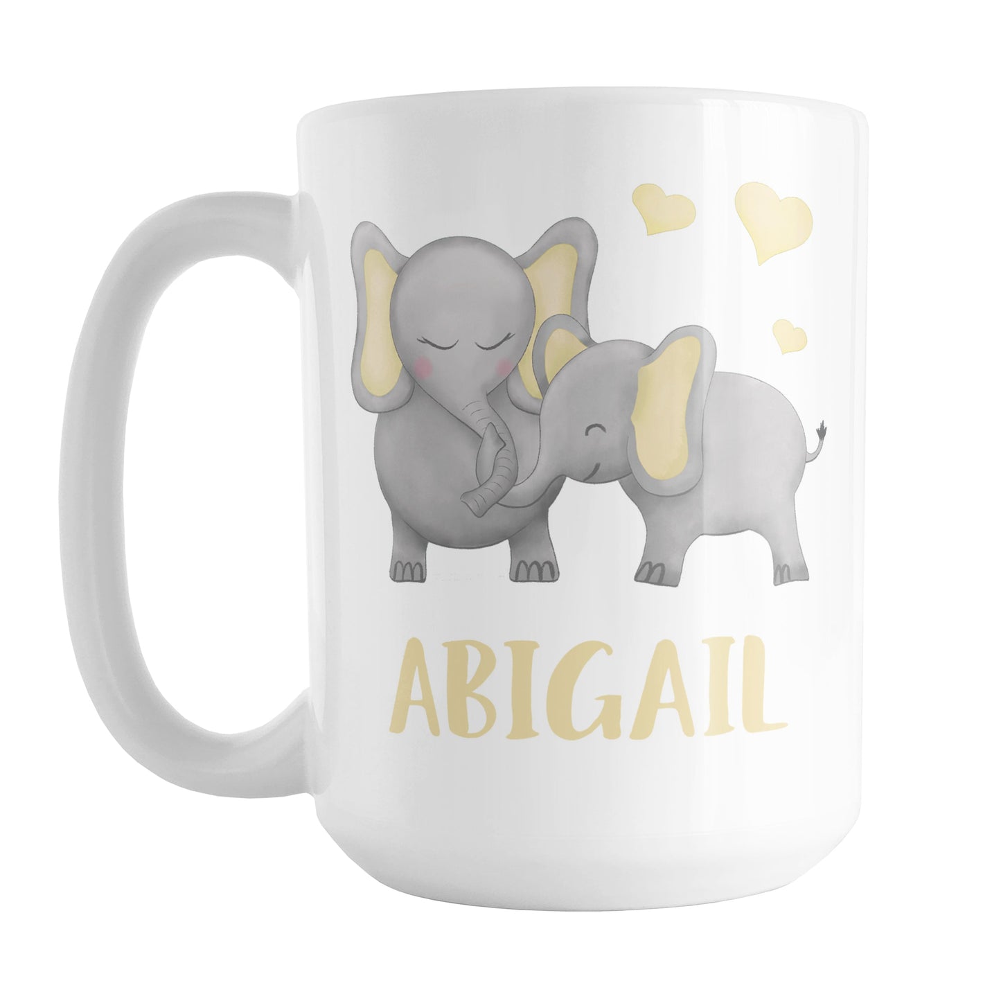 Personalized Watercolor Yellow Mommy and Baby Elephants Mug (15oz) at Amy's Coffee Mugs. A ceramic coffee mug designed with affectionate yellow and gray mommy and baby elephants illustrated in a watercolor design with yellow hearts above them on both sides of the mug. Your personalized name is custom-printed in a cute uppercase-letters font in yellow below these adorable elephants.