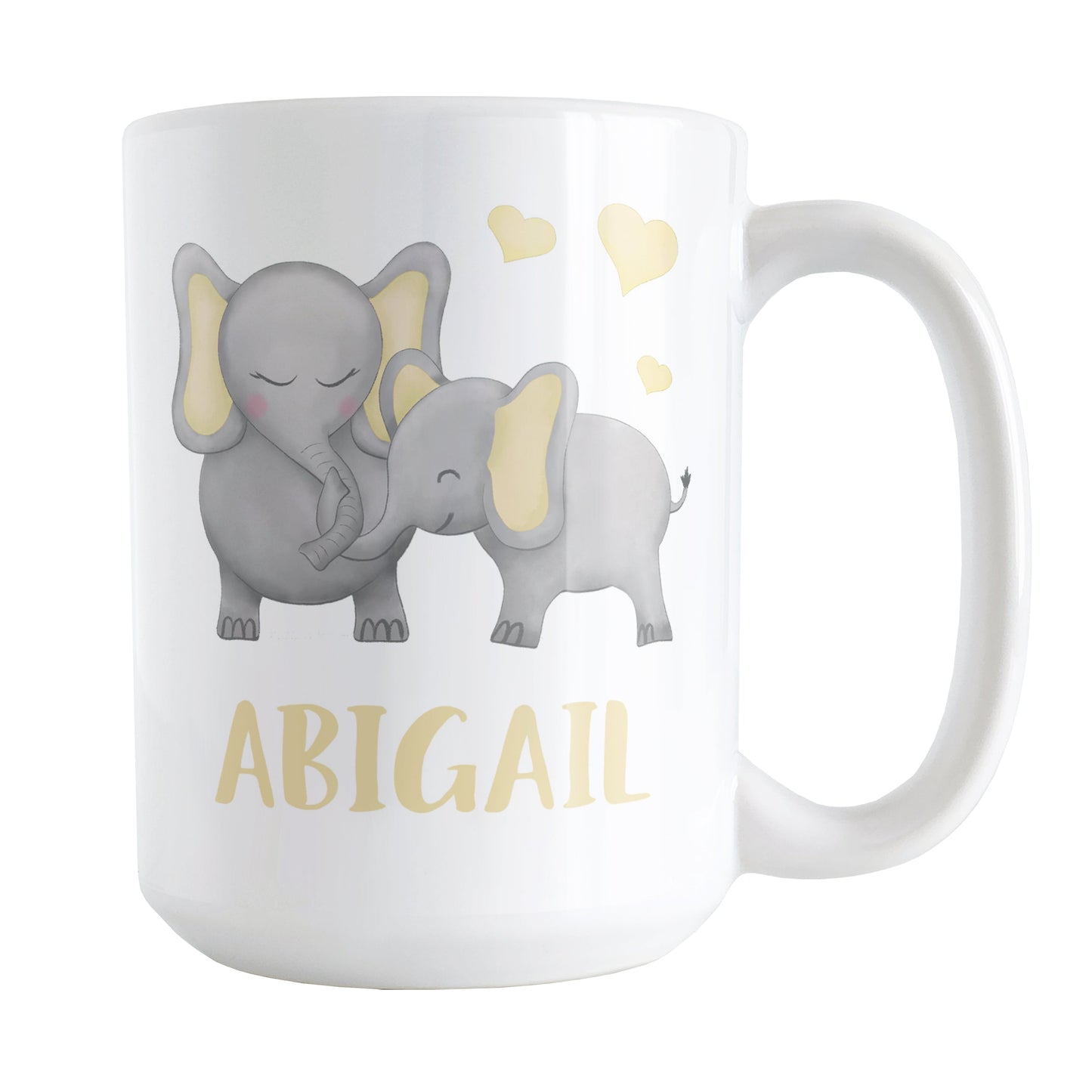 Personalized Watercolor Yellow Mommy and Baby Elephants Mug (15oz) at Amy's Coffee Mugs. A ceramic coffee mug designed with affectionate yellow and gray mommy and baby elephants illustrated in a watercolor design with yellow hearts above them on both sides of the mug. Your personalized name is custom-printed in a cute uppercase-letters font in yellow below these adorable elephants.