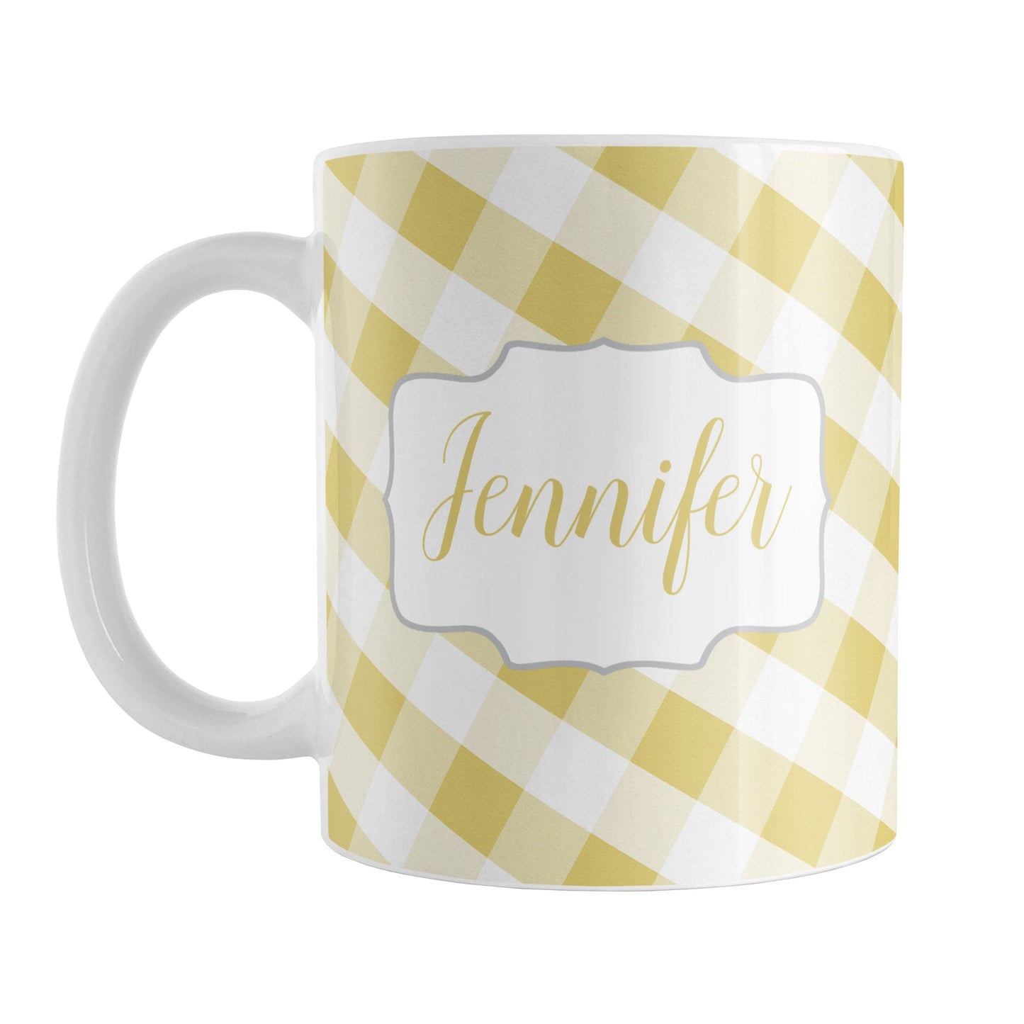 Personalized Yellow Gingham Mug (11oz) at Amy's Coffee Mugs. A ceramic coffee mug designed with a slanted yellow and white gingham pattern that wraps around the mug up to the handle. Your personalized name is custom-printed in a yellow script font on both sides of the mug over the gingham pattern.