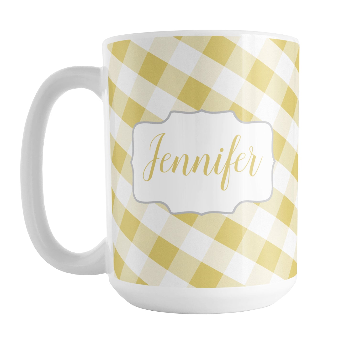 Personalized Yellow Gingham Mug (15oz) at Amy's Coffee Mugs. A ceramic coffee mug designed with a slanted yellow and white gingham pattern that wraps around the mug up to the handle. Your personalized name is custom-printed in a yellow script font on both sides of the mug over the gingham pattern.