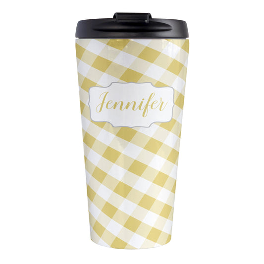 Personalized Yellow Gingham Travel Mug (15oz, stainless steel insulated) at Amy's Coffee Mugs. A travel mug designed with a slanted yellow and white gingham pattern that wraps around the travel mug. Your personalized name is custom-printed in a yellow script font in a white frame design over the gingham pattern.