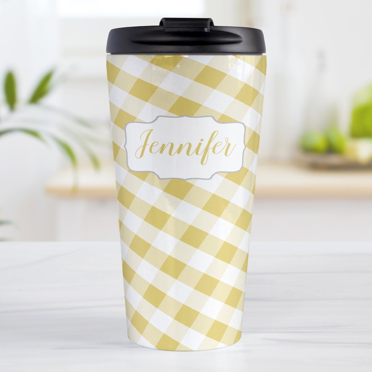 Personalized Yellow Gingham Travel Mug (15oz, stainless steel insulated) at Amy's Coffee Mugs. A travel mug designed with a slanted yellow and white gingham pattern that wraps around the travel mug. Your personalized name is custom-printed in a yellow script font in a white frame design over the gingham pattern.