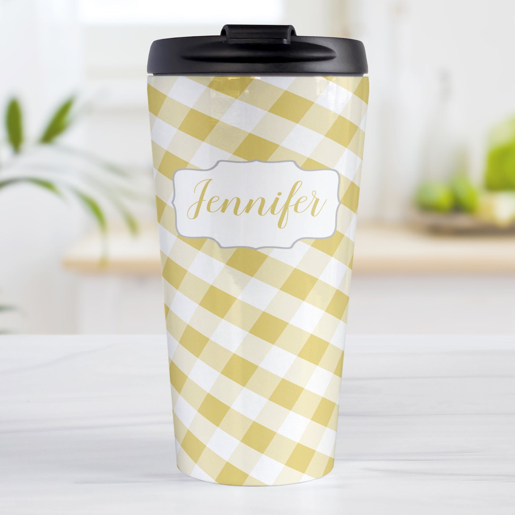 Personalized Yellow Gingham Travel Mug (15oz, stainless steel insulated) at Amy's Coffee Mugs. A travel mug designed with a slanted yellow and white gingham pattern that wraps around the travel mug. Your personalized name is custom-printed in a yellow script font in a white frame design over the gingham pattern.