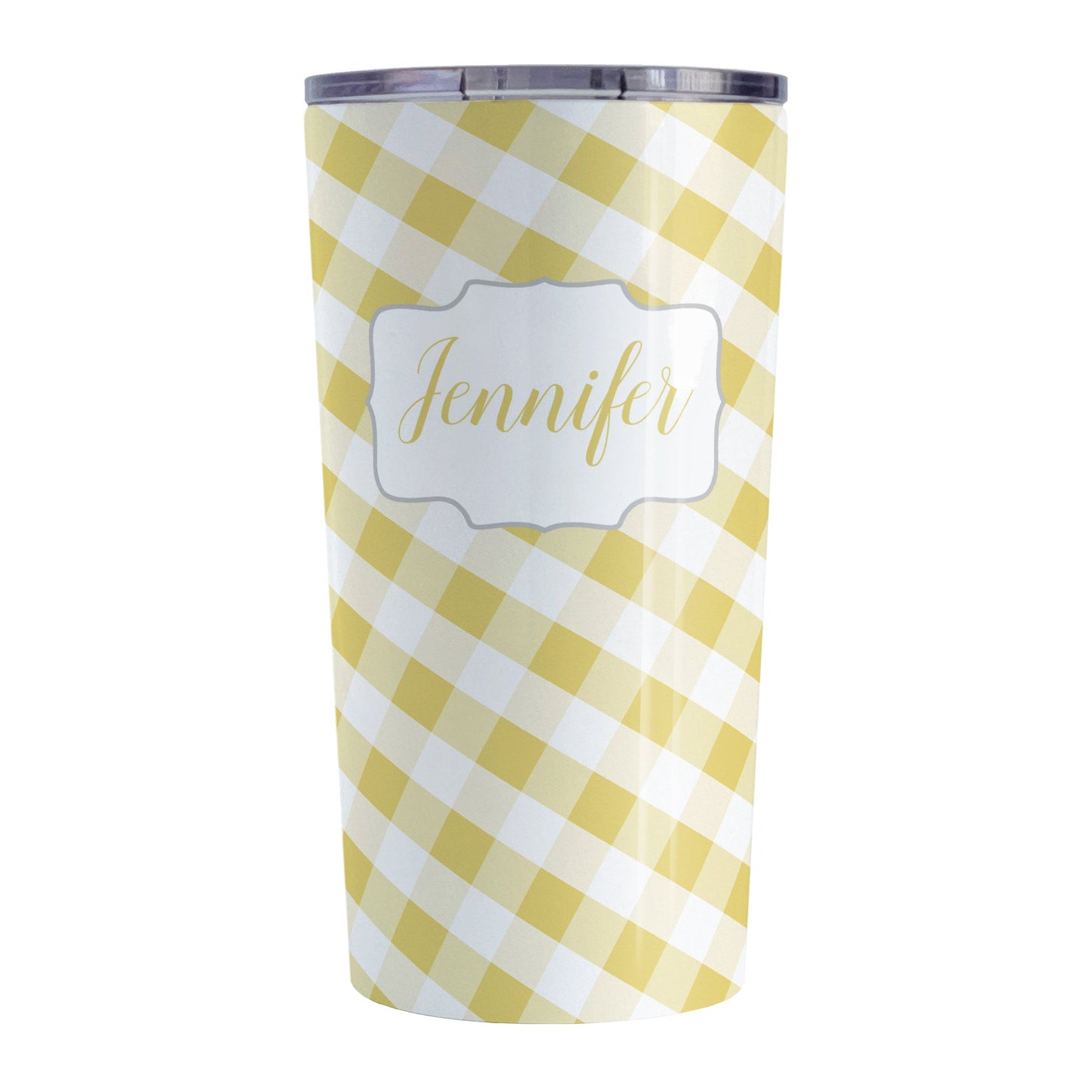 Personalized Yellow Gingham Tumbler Cup (20oz, stainless steel insulated) at Amy's Coffee Mugs. A tumbler cup designed with a slanted yellow and white gingham pattern that wraps around the cup. Your personalized name is custom-printed in a yellow script font in a white frame design over the gingham pattern.