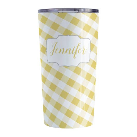 Personalized Yellow Gingham Tumbler Cup (20oz, stainless steel insulated) at Amy's Coffee Mugs. A tumbler cup designed with a slanted yellow and white gingham pattern that wraps around the cup. Your personalized name is custom-printed in a yellow script font in a white frame design over the gingham pattern.