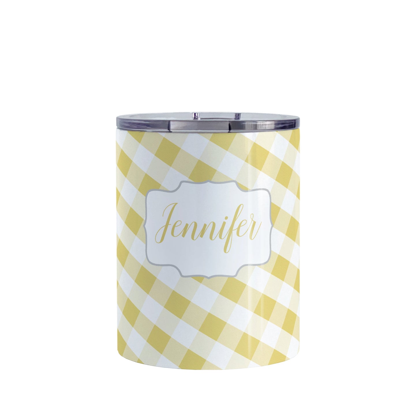 Personalized Yellow Gingham Tumbler Cup (10oz, stainless steel insulated) at Amy's Coffee Mugs. A tumbler cup designed with a slanted yellow and white gingham pattern that wraps around the cup. Your personalized name is custom-printed in a yellow script font in a white frame design over the gingham pattern.