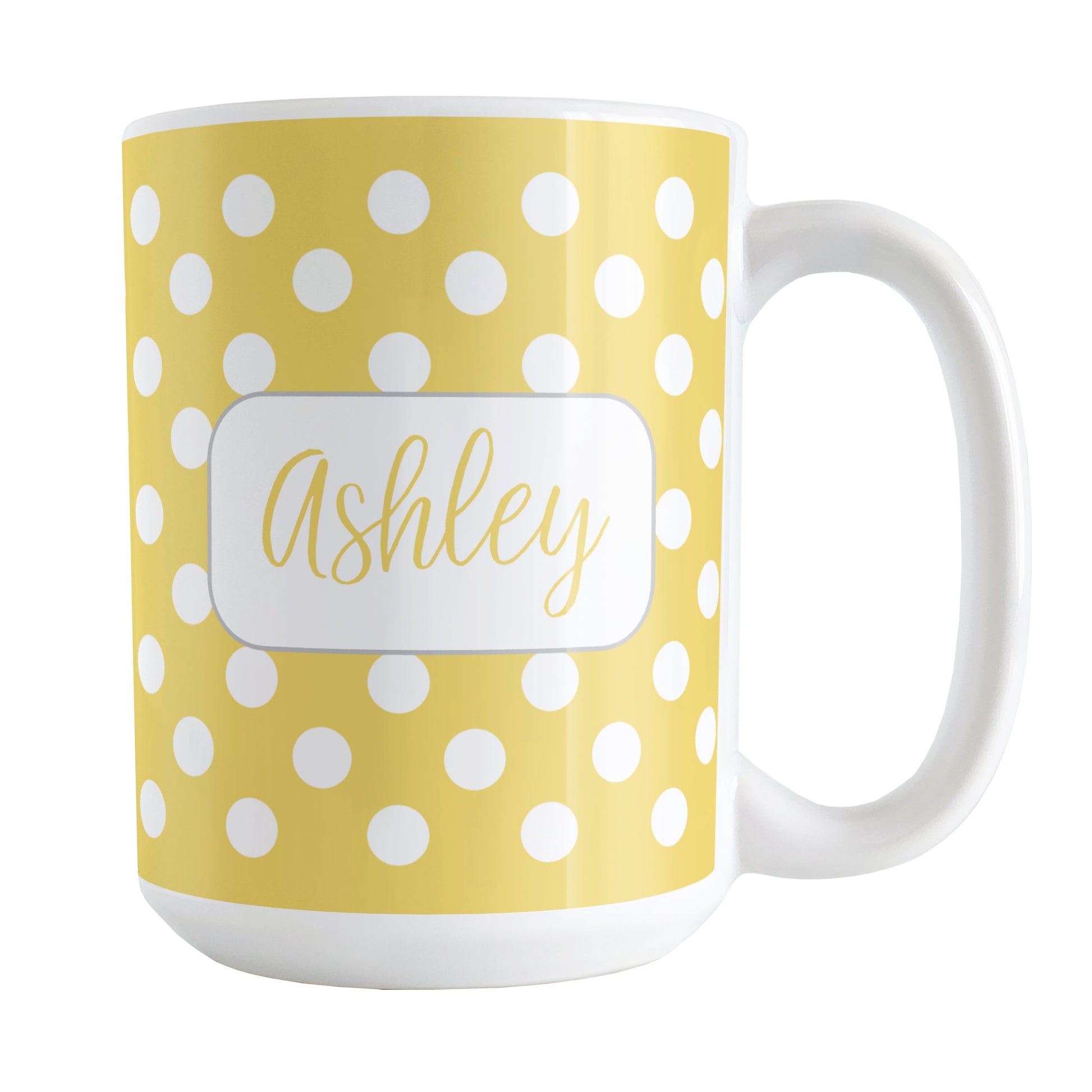 Personalized Yellow Polka Dot Mug (15oz) at Amy's Coffee Mugs. A ceramic coffee mug designed with a pattern of white polka dots over a yellow background color that wraps around the mug up to the handle. Your name is personalized in a cute yellow script font in a white frame design on both sides of the mug over the polka dot pattern.