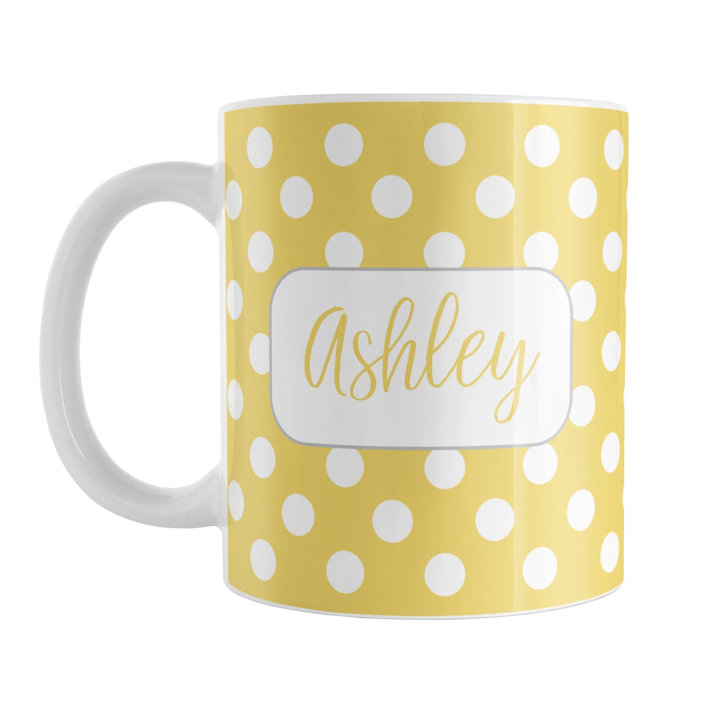 Personalized Yellow Polka Dot Mug (11oz) at Amy's Coffee Mugs. A ceramic coffee mug designed with a pattern of white polka dots over a yellow background color that wraps around the mug up to the handle. Your name is personalized in a cute yellow script font in a white frame design on both sides of the mug over the polka dot pattern.