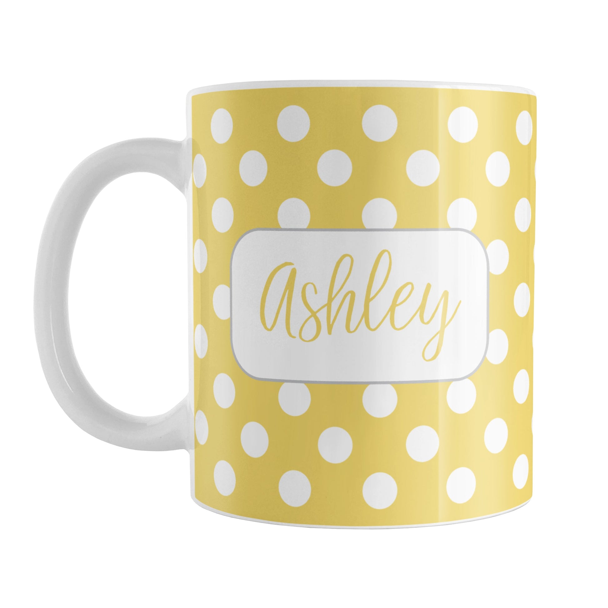 Personalized Yellow Polka Dot Mug (11oz) at Amy's Coffee Mugs. A ceramic coffee mug designed with a pattern of white polka dots over a yellow background color that wraps around the mug up to the handle. Your name is personalized in a cute yellow script font in a white frame design on both sides of the mug over the polka dot pattern.