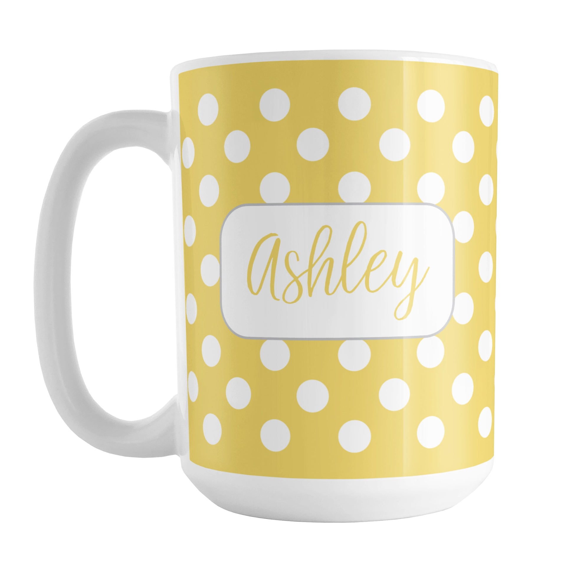 Personalized Yellow Polka Dot Mug (15oz) at Amy's Coffee Mugs. A ceramic coffee mug designed with a pattern of white polka dots over a yellow background color that wraps around the mug up to the handle. Your name is personalized in a cute yellow script font in a white frame design on both sides of the mug over the polka dot pattern.