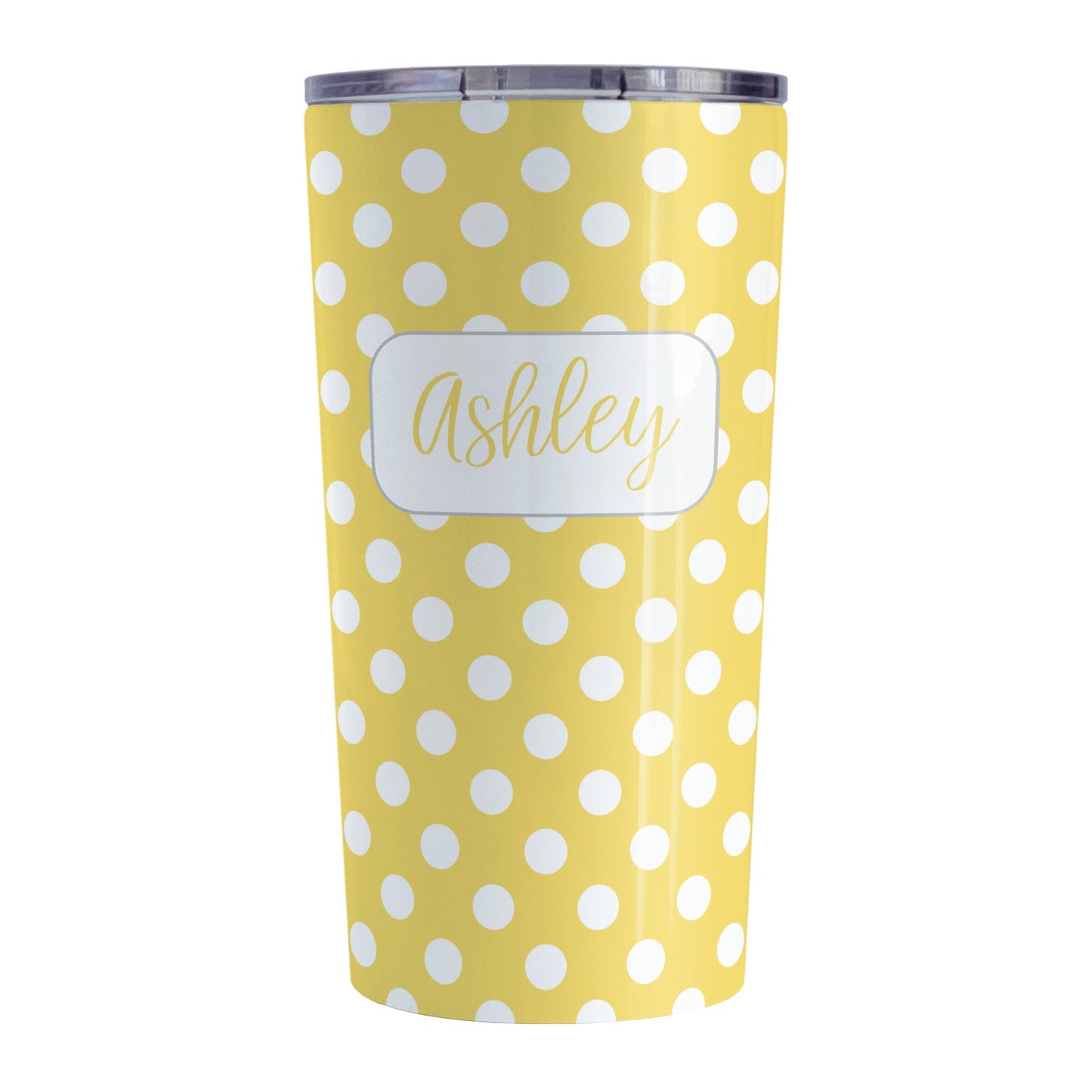 Personalized Yellow Polka Dot Tumbler Cup (20oz, stainless steel insulated) at Amy's Coffee Mugs. A tumbler cup designed with a pattern of white polka dots over a yellow background color that wraps around the cup. Your name is personalized in a cute yellow script font in a white frame design over the polka dot pattern.