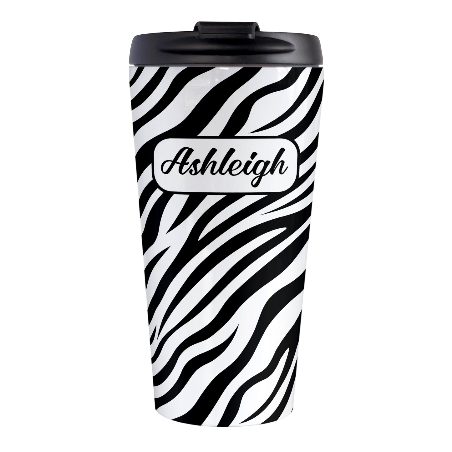 Personalized Zebra Print Pattern Travel Mug (15oz, stainless steel insulated) at Amy's Coffee Mugs. A travel mug designed with an animal print pattern of black and white zebra stripes that wraps around the travel mug. Your name is custom-printed in a stylish black script font in a white rectangular design over the zebra print pattern.