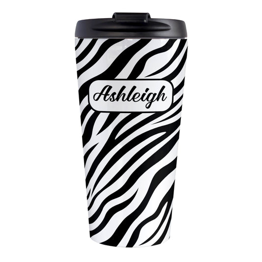 Personalized Zebra Print Pattern Travel Mug (15oz, stainless steel insulated) at Amy's Coffee Mugs. A travel mug designed with an animal print pattern of black and white zebra stripes that wraps around the travel mug. Your name is custom-printed in a stylish black script font in a white rectangular design over the zebra print pattern.