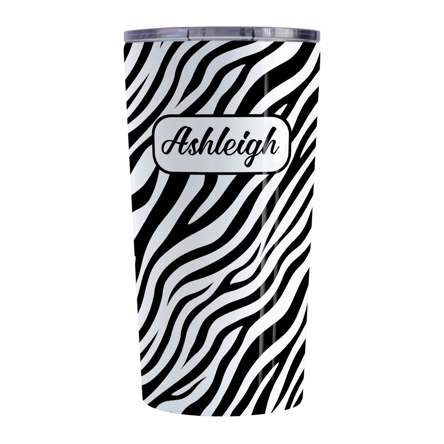 Personalized Zebra Print Pattern Tumbler Cup (20oz, stainless steel insulated) at Amy's Coffee Mugs. A tumbler cup designed with an animal print pattern of black and white zebra stripes that wraps around the cup. Your name is custom-printed in a stylish black script font in a white rectangular design over the zebra print pattern.