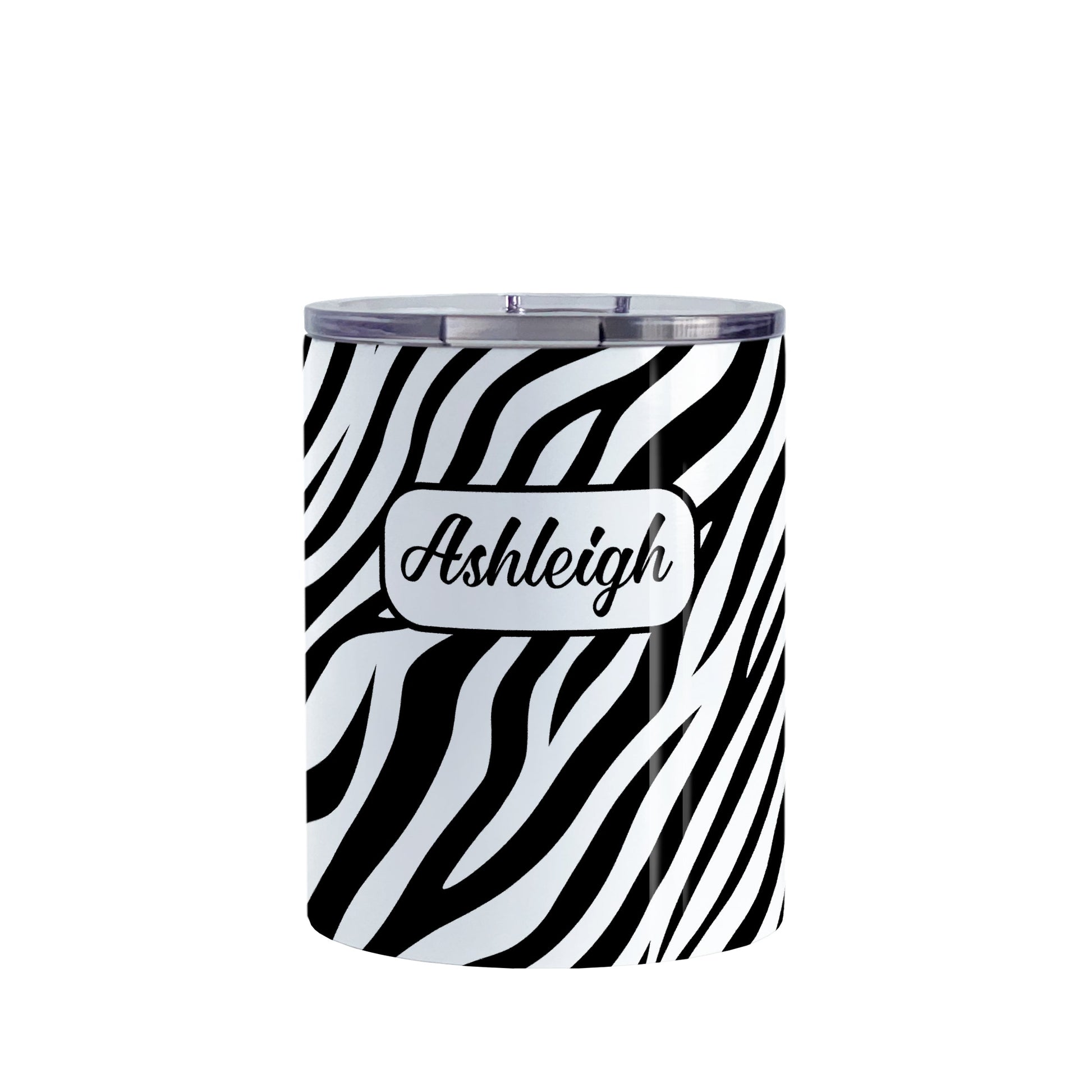 Personalized Zebra Print Pattern Tumbler Cup (10oz, stainless steel insulated) at Amy's Coffee Mugs. A tumbler cup designed with an animal print pattern of black and white zebra stripes that wraps around the cup. Your name is custom-printed in a stylish black script font in a white rectangular design over the zebra print pattern.