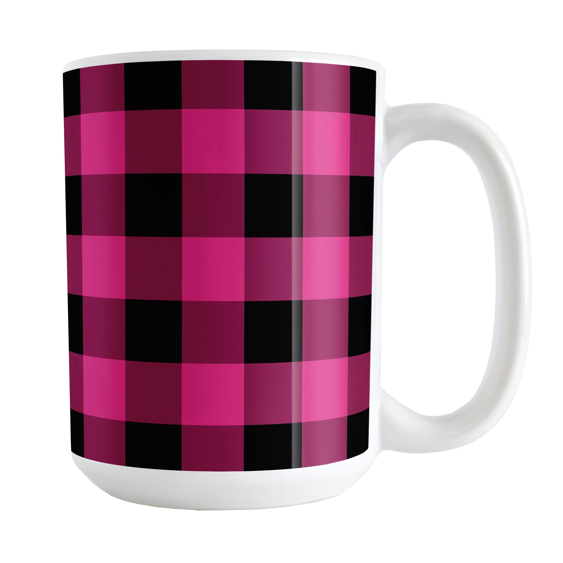 Pink and Black Buffalo Plaid Mug (15oz) at Amy's Coffee Mugs. A ceramic coffee mug designed with a dark raspberry pink and black buffalo plaid pattern that wrap around the mug up to the handle.