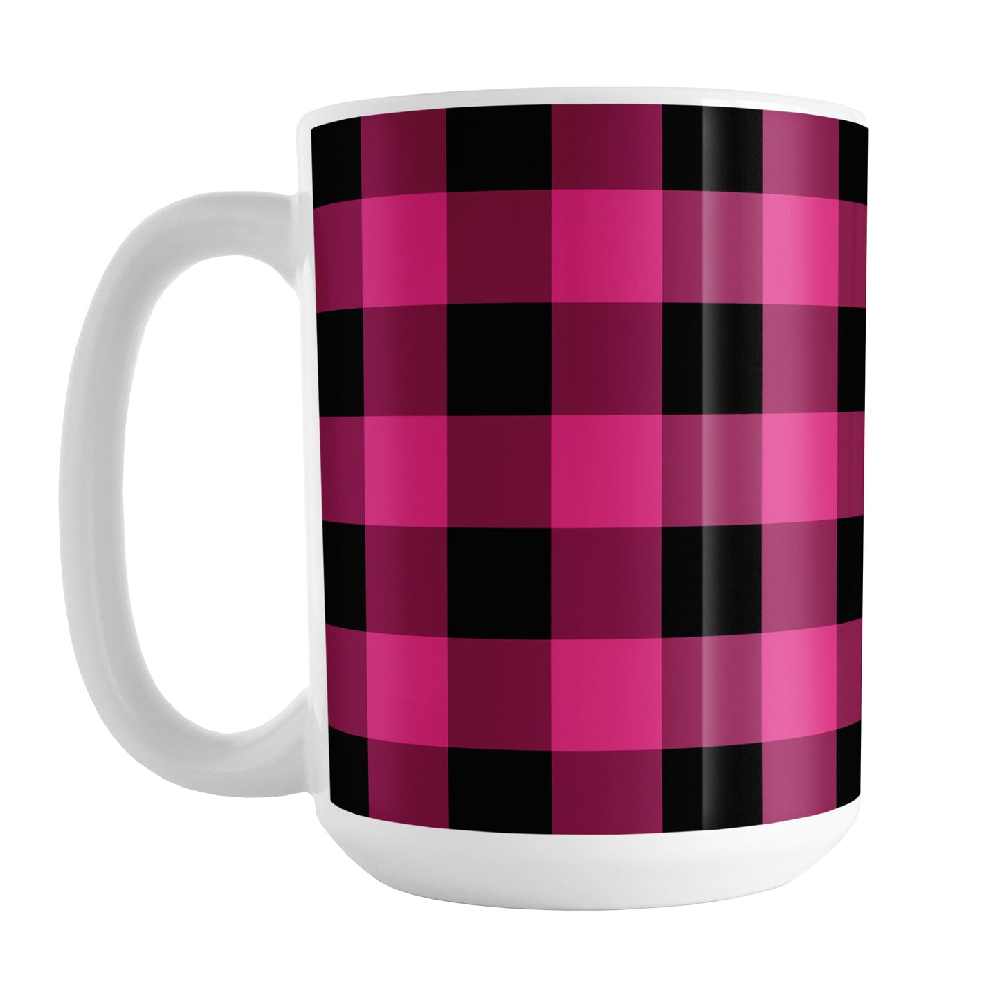 Pink and Black Buffalo Plaid Mug (15oz) at Amy's Coffee Mugs. A ceramic coffee mug designed with a dark raspberry pink and black buffalo plaid pattern that wrap around the mug up to the handle.
